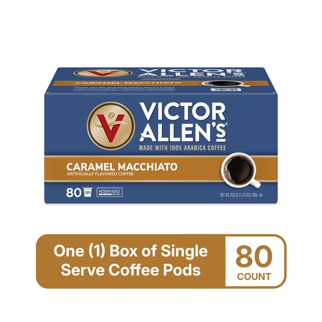 Victor Allen's Caramel Macchiato pod brewing into cup with crema.