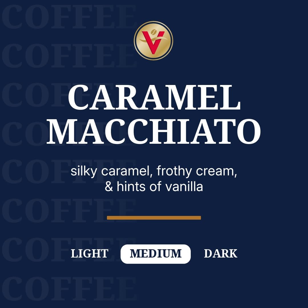 Close-up of Victor Allen's Caramel Macchiato pod showing caramel color and aroma.