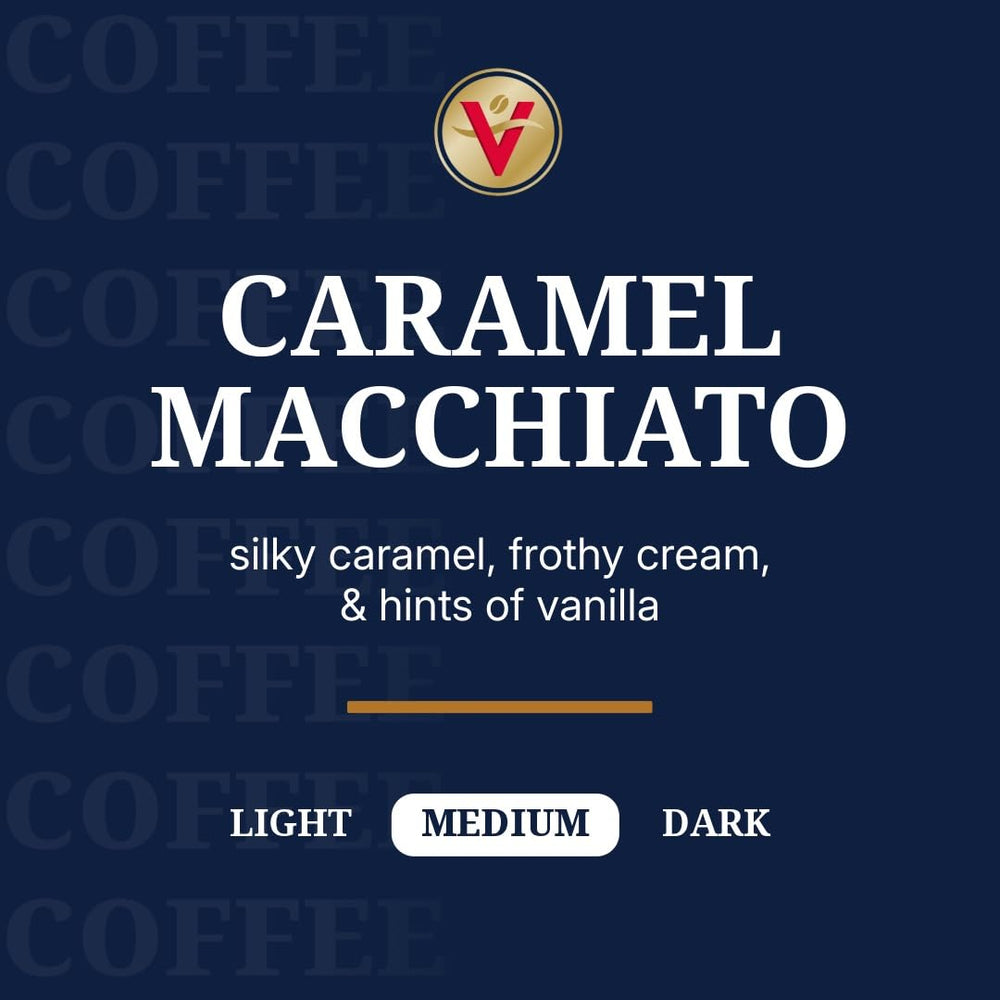 Close-up of Victor Allen's Caramel Macchiato pod showing caramel color and aroma.