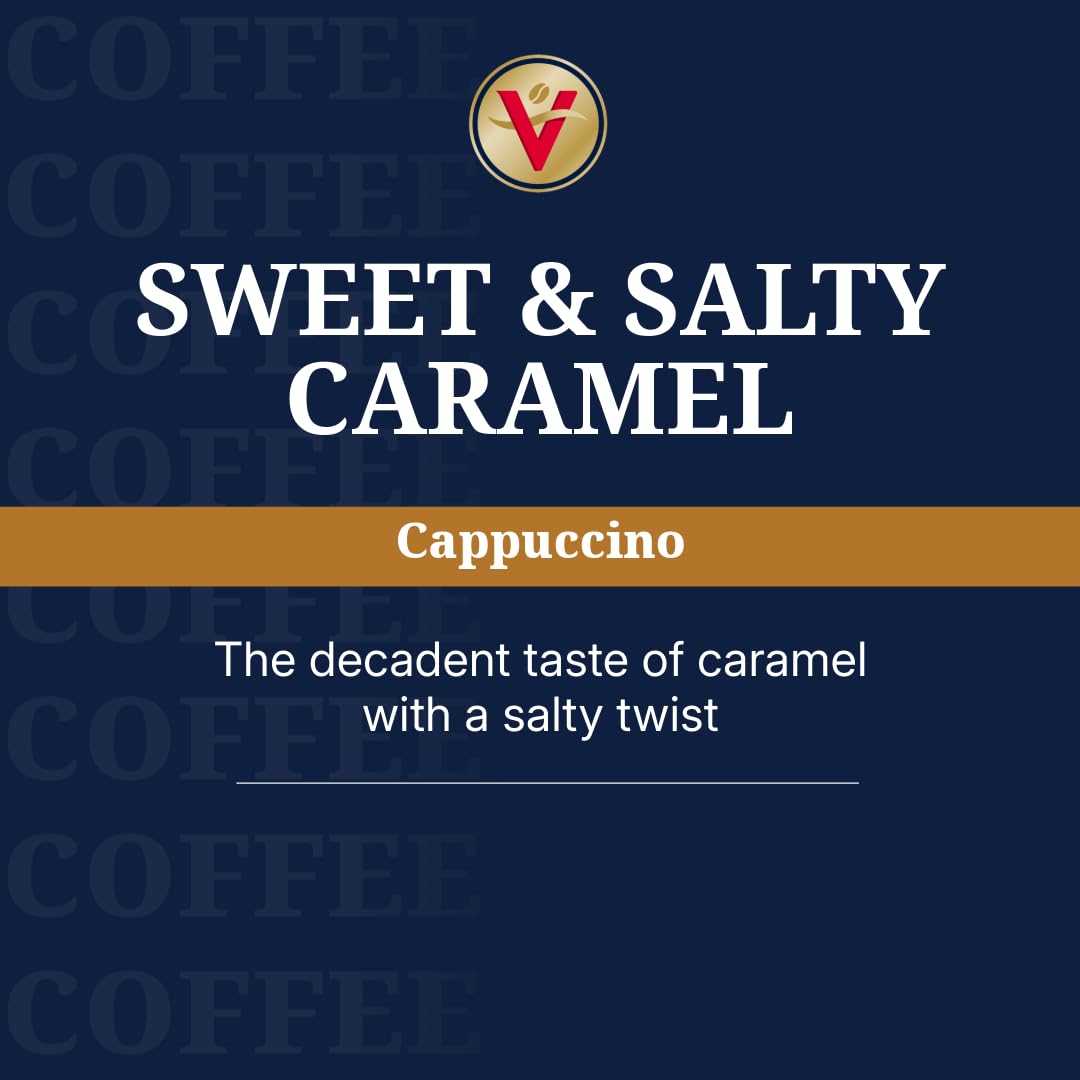 Victor Allen's cappuccino pods brewing in a cup with creamy caramel aroma