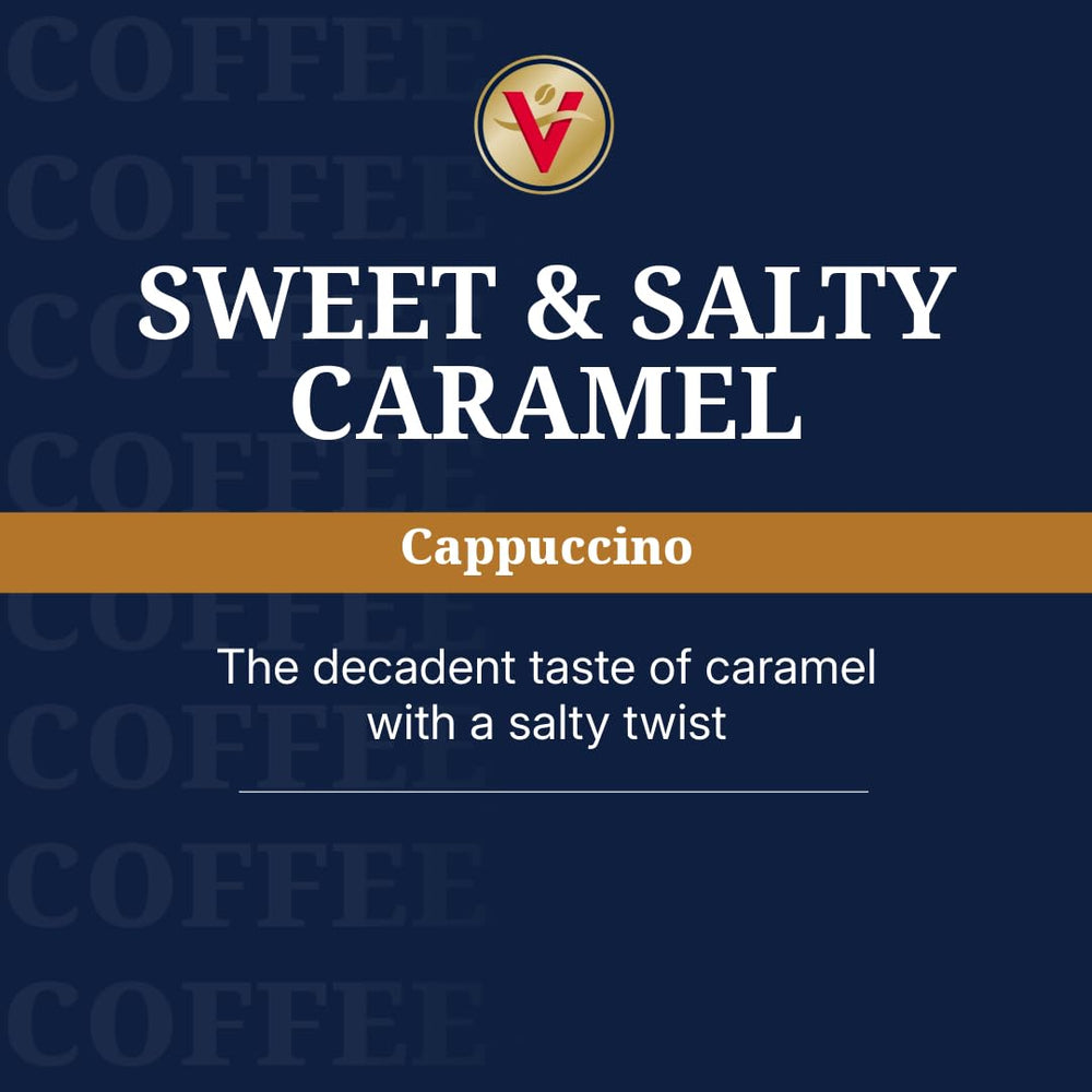 Victor Allen's cappuccino pods brewing in a cup with creamy caramel aroma