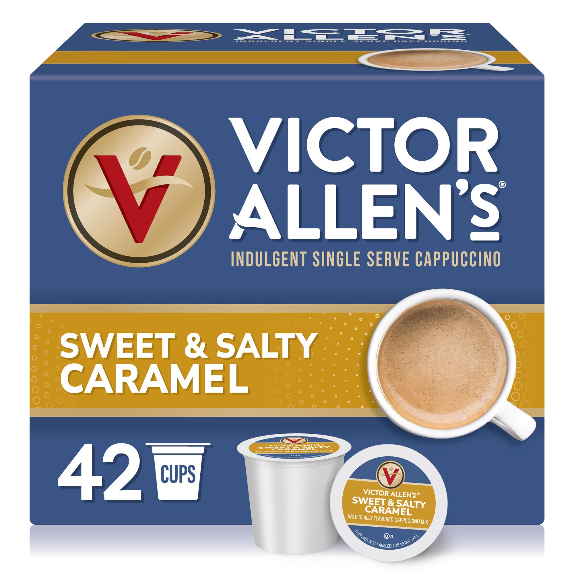 Victor Allen's Sweet and Salty Caramel cappuccino pods front view for quick indulgence at home
