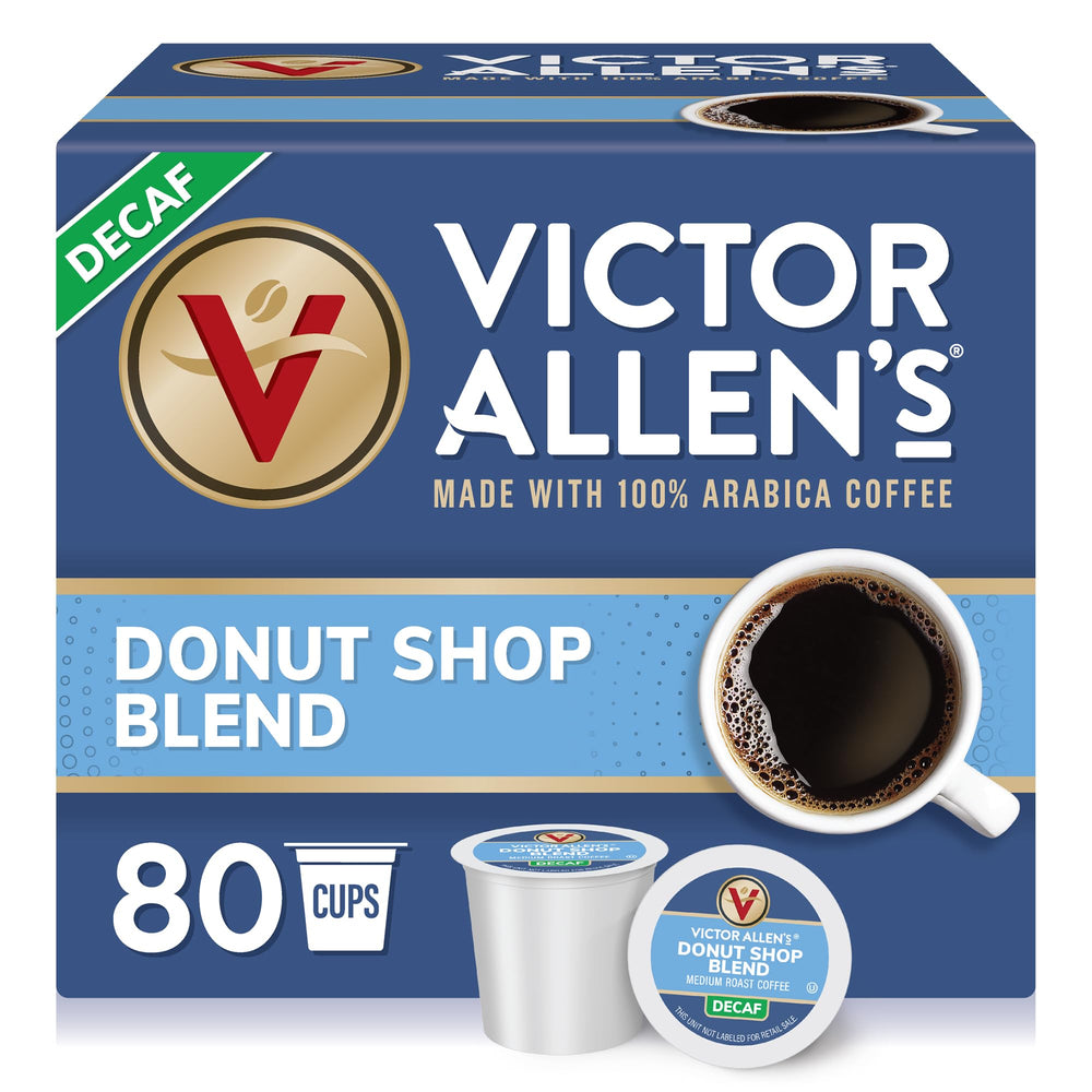 Victor Allen's Decaf Donut Shop pods box front—80 count packaging for everyday brewing.