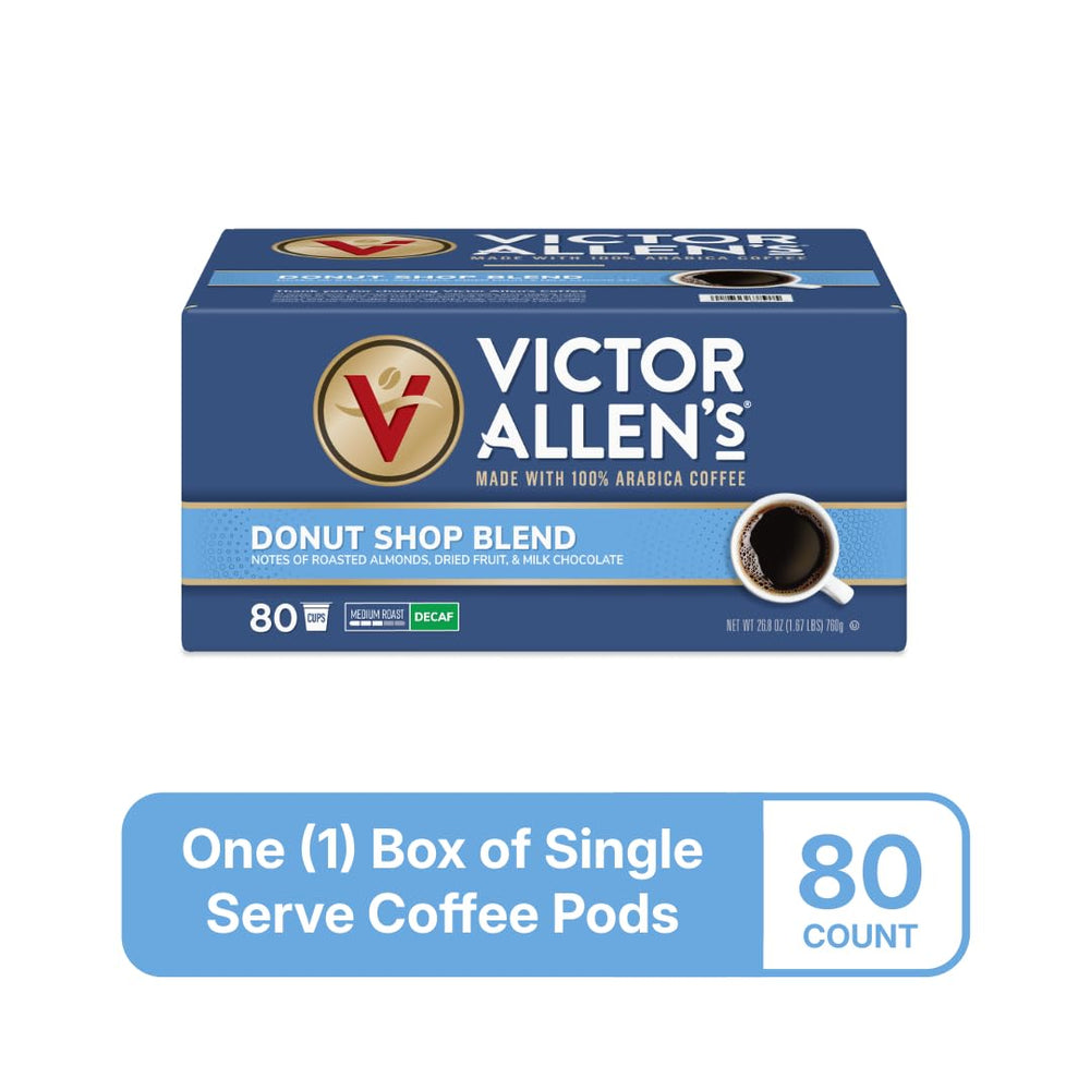 Victor Allen's Decaf Donut Shop pods closeup—smooth decaf flavor from 100% Arabica beans.