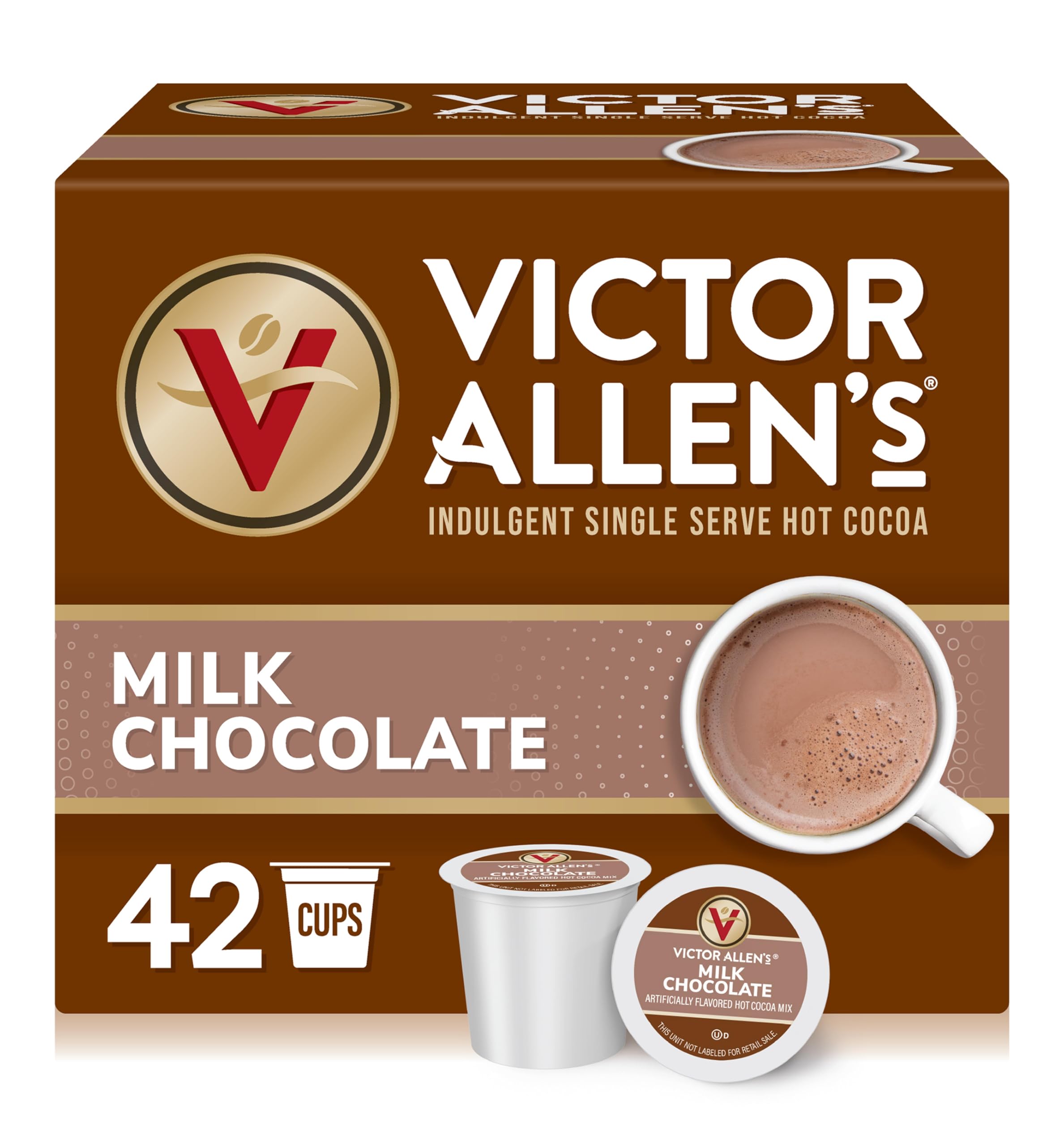 Victor Allen's Milk Chocolate Hot Cocoa pods in the box provide convenient single-serve brewing.