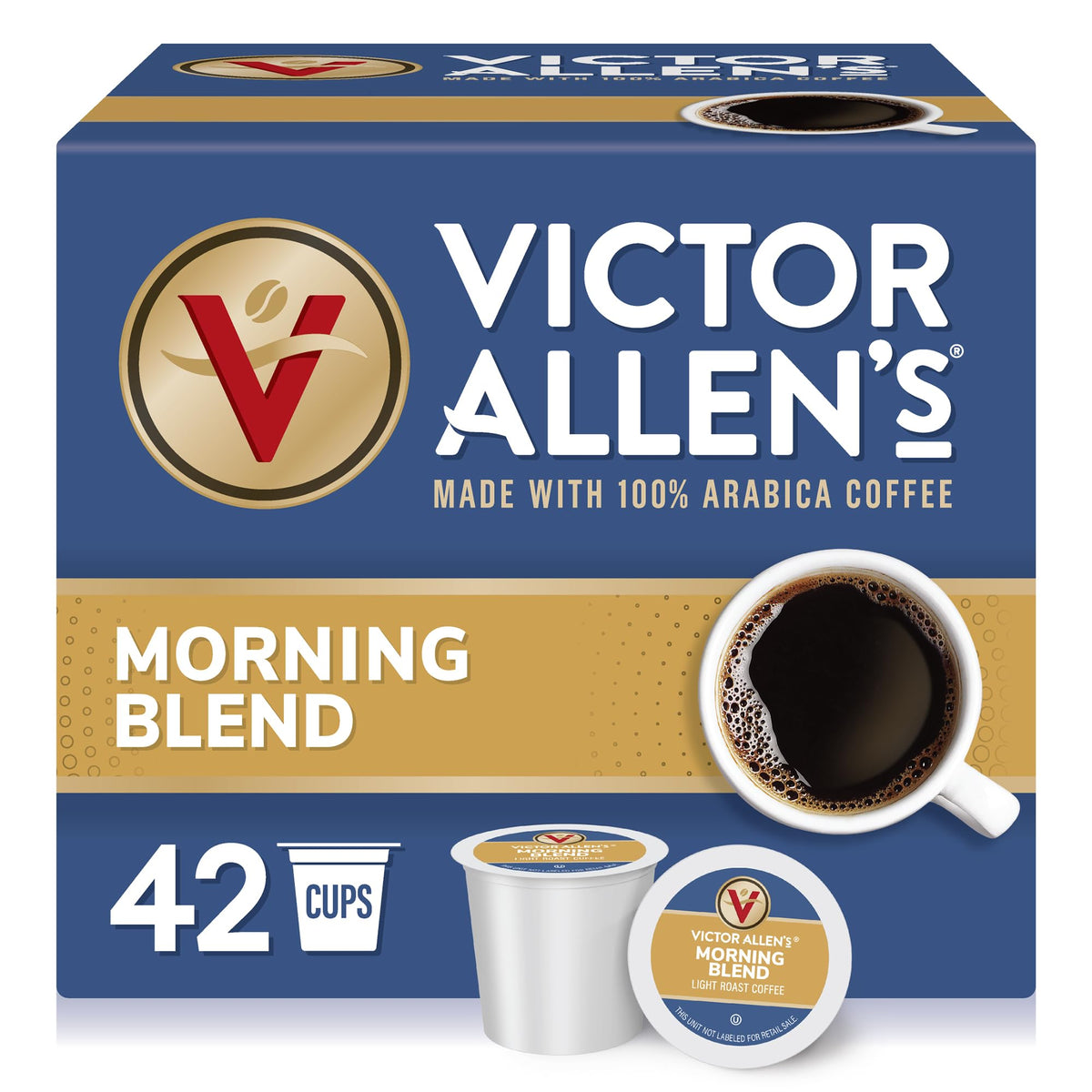 Victor Allen's Morning Blend pods box on kitchen counter for a quick morning brew.