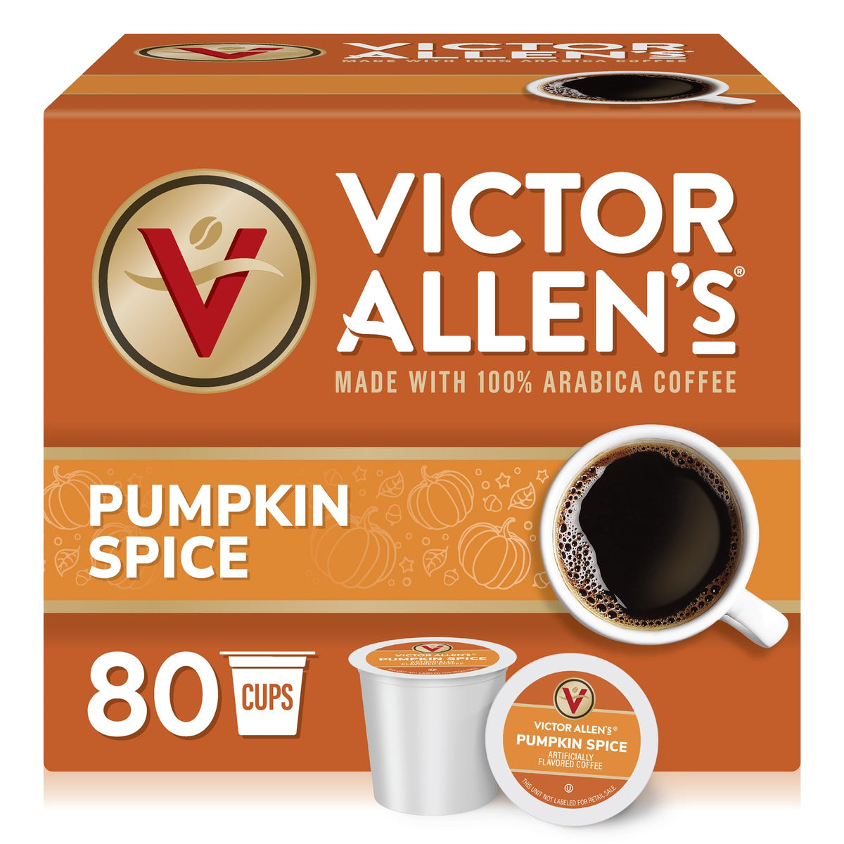 Victor Allen's Pumpkin Spice pods in a box for Keurig brewers with bold pumpkin and cinnamon aroma
