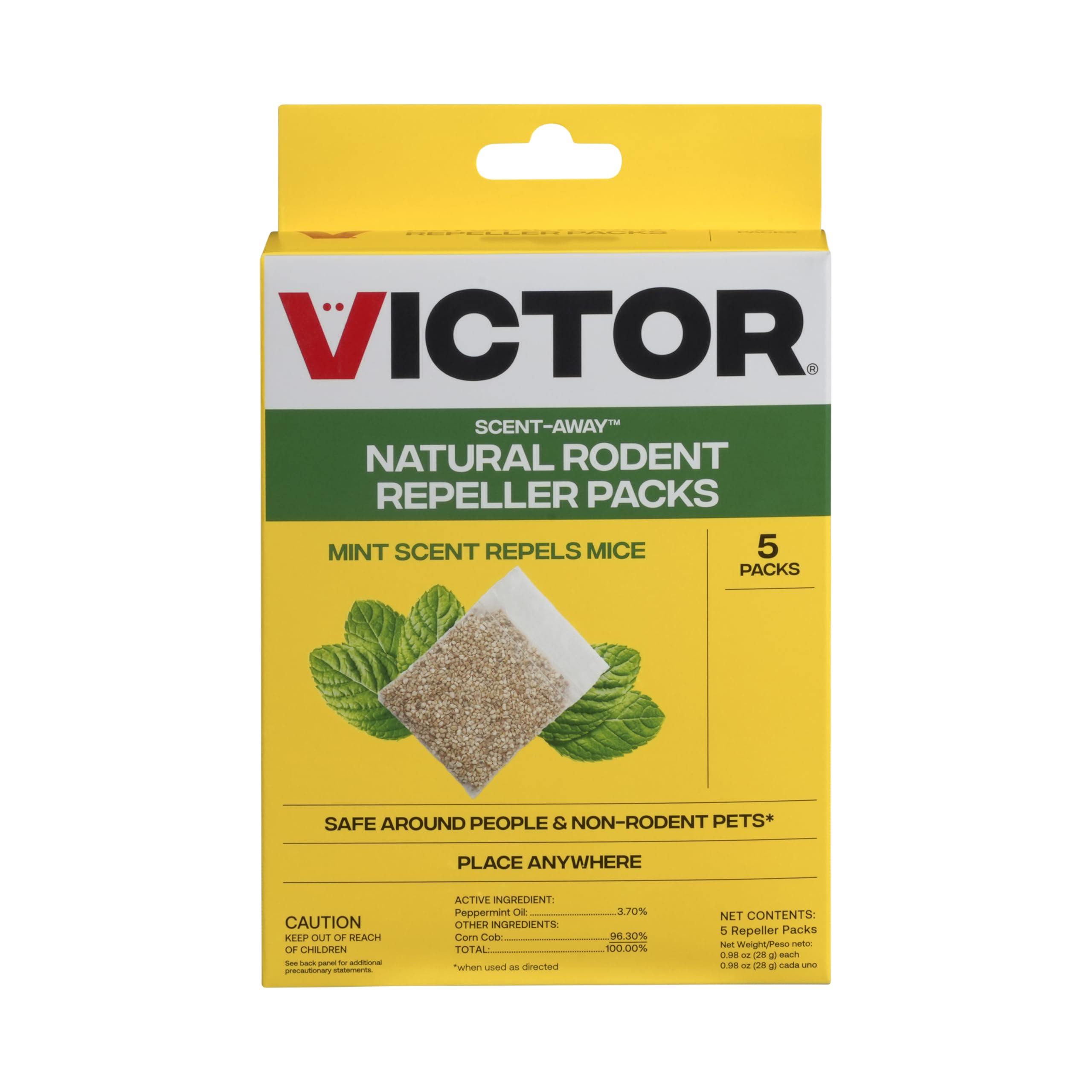 Victor M805 Scent-Away pack closeup showing peppermint sachet releasing scent.