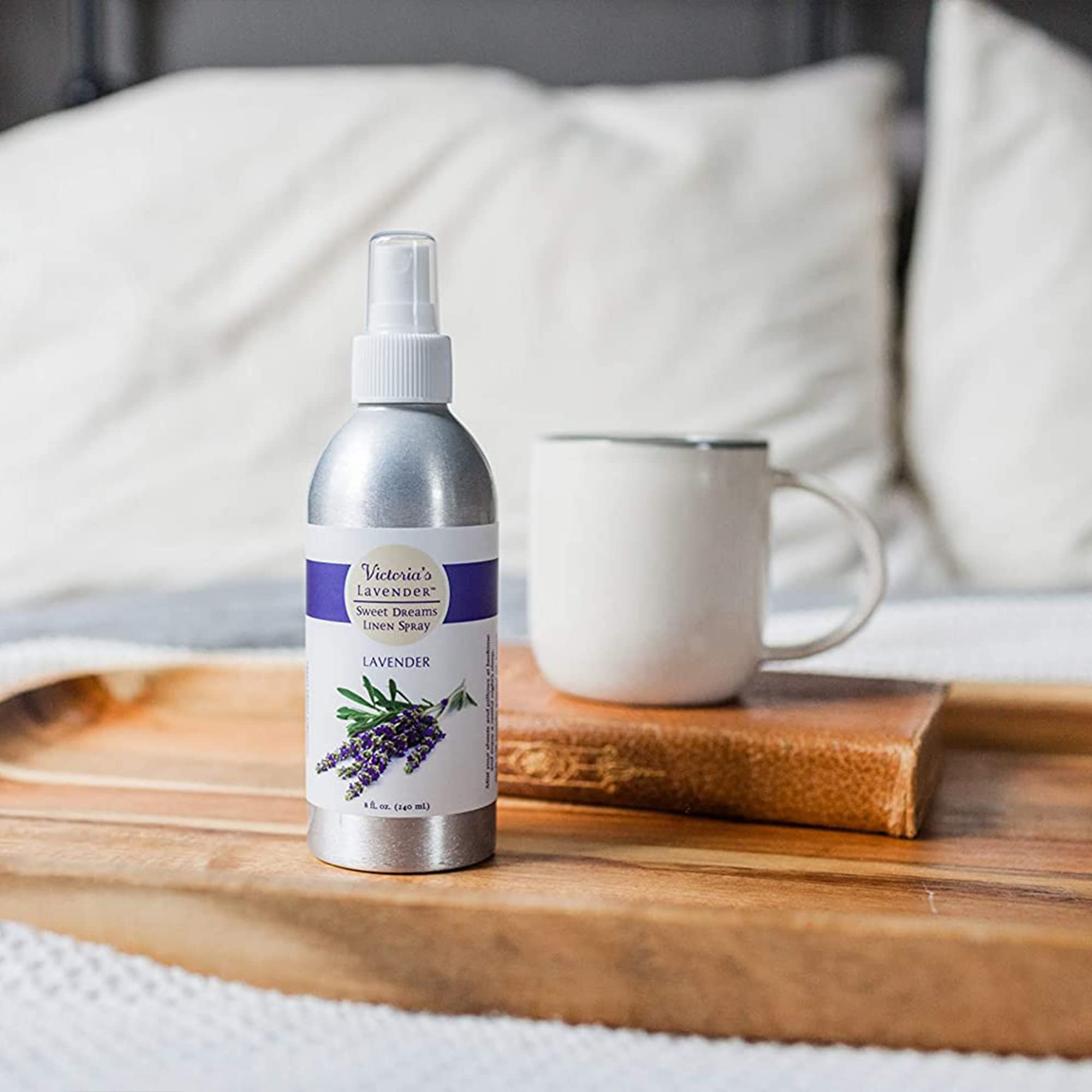 Victoria's Lavender aromatherapy mist for pillows helps you unwind before sleep.