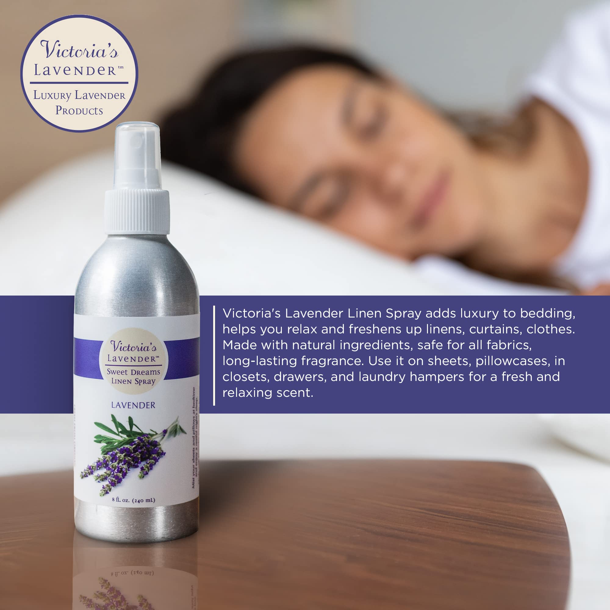 Victoria's Lavender bedding scent spray refreshes sheets with pure lavender notes.
