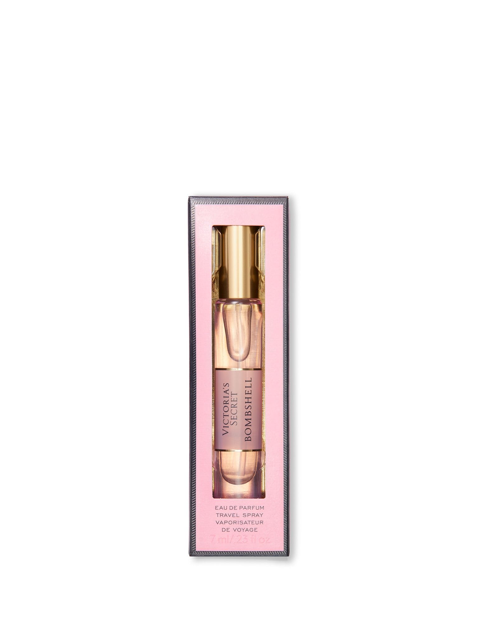 Victoria's Secret Bombshell travel spray bottle front for on-the-go fragrance.