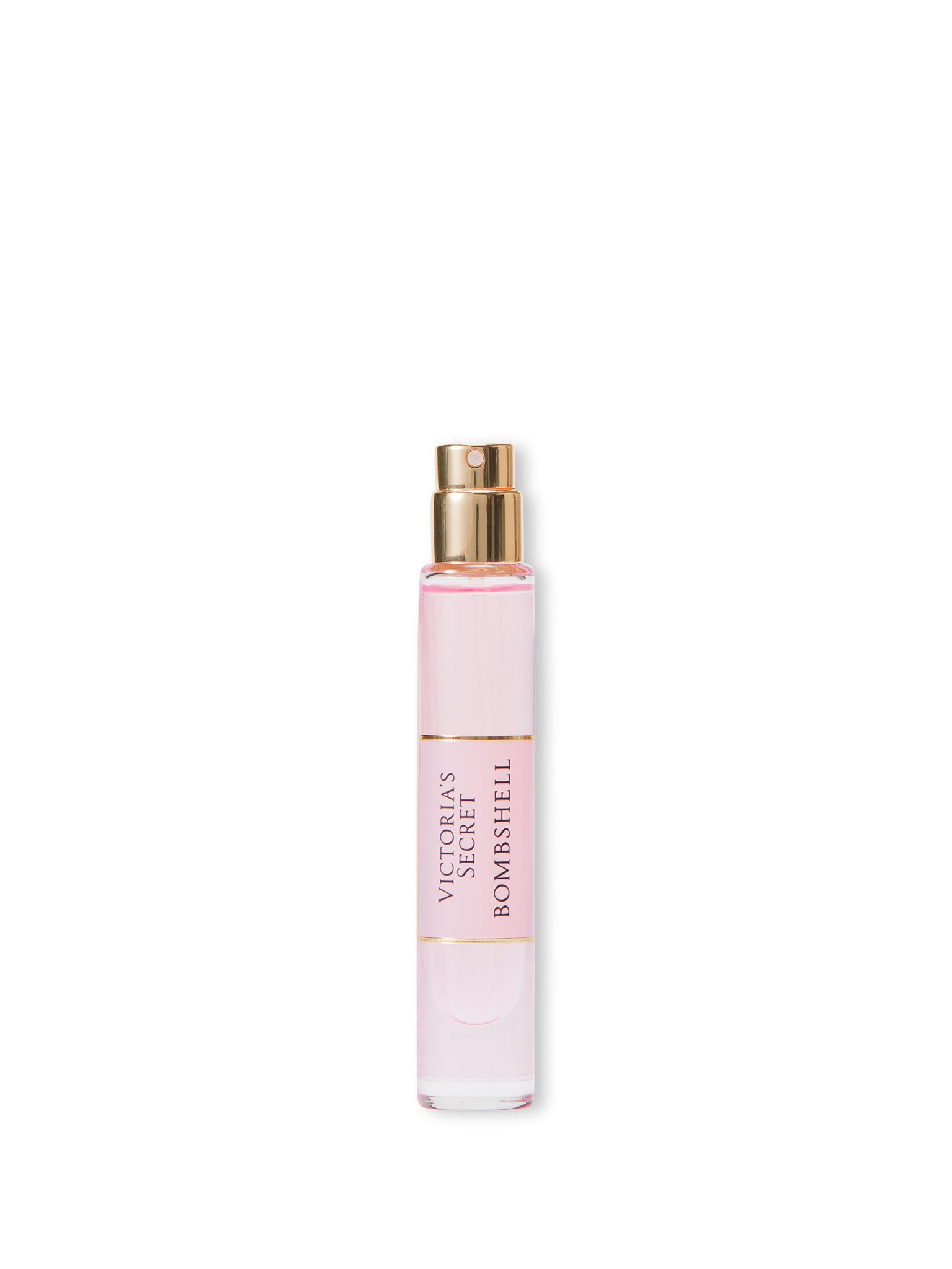 Victoria's Secret Bombshell travel spray bottle side highlighting compact, TSA-friendly size.