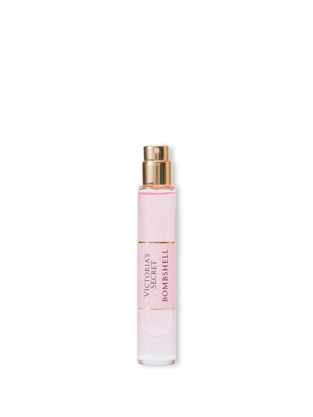 Victoria's Secret Bombshell travel spray bottle side highlighting compact, TSA-friendly size.