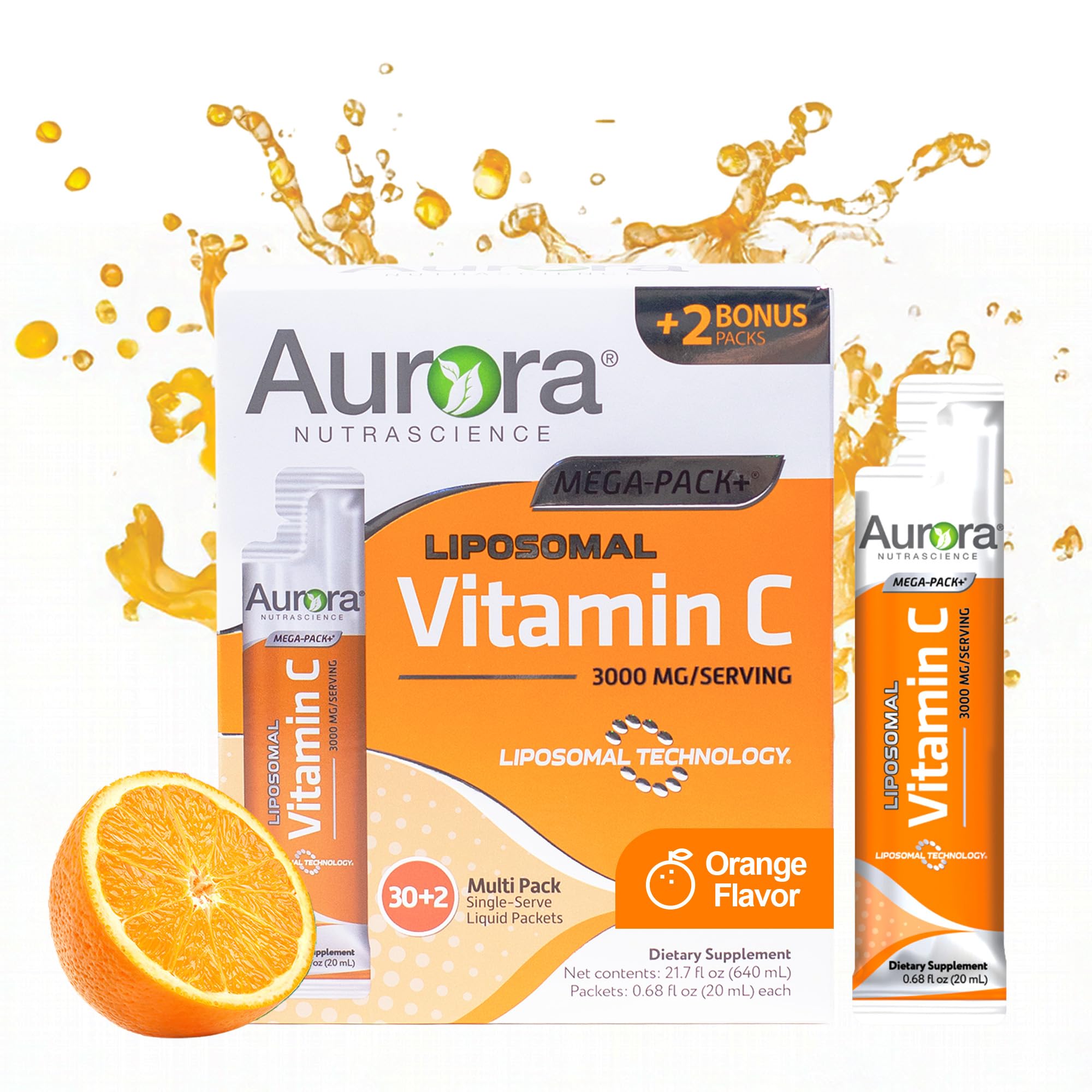 Vida Lifescience Aurora packaging highlights sugar-free vegan liposomal Vitamin C.