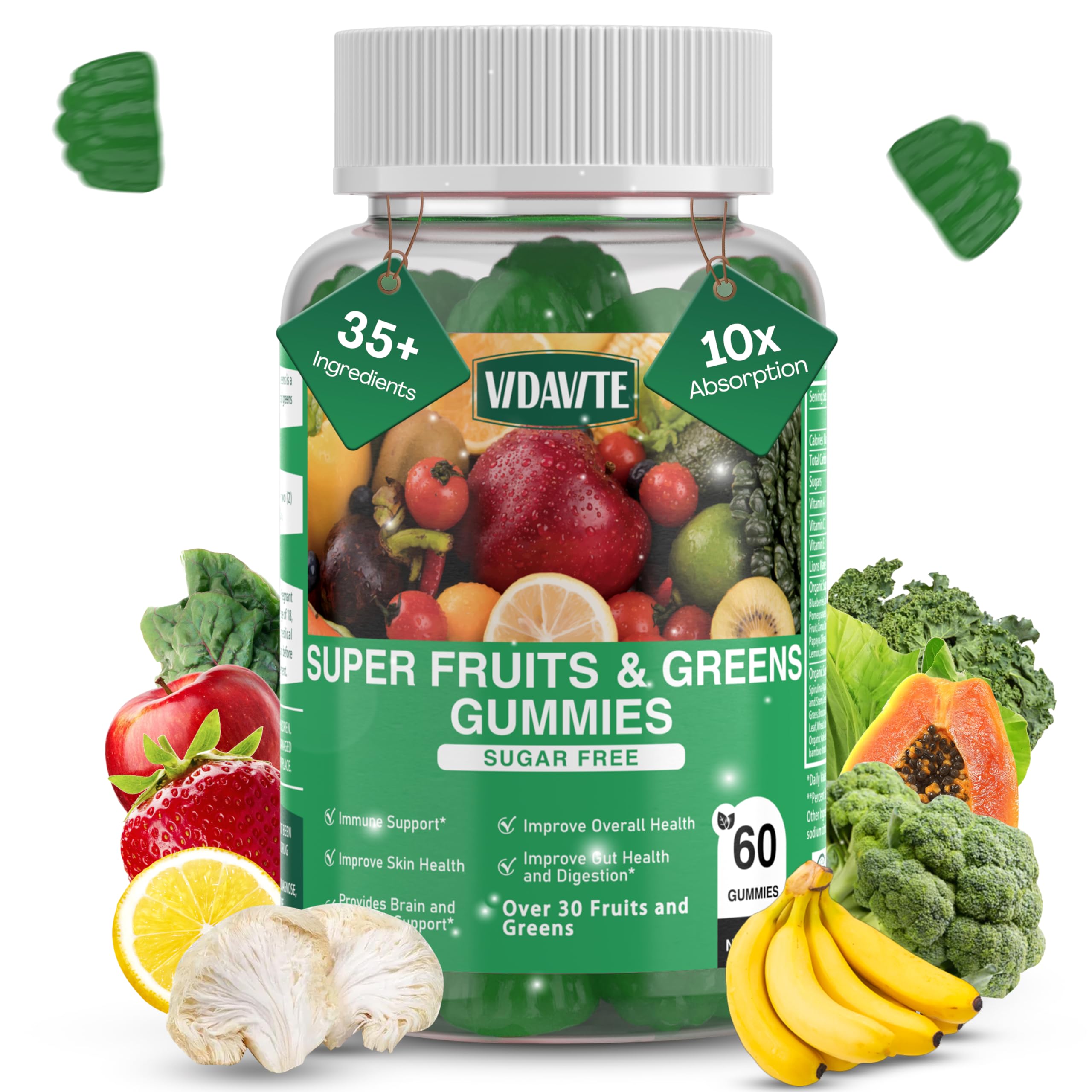 VIDAVITE gummies bottle highlighting 35+ fruits for immune support.