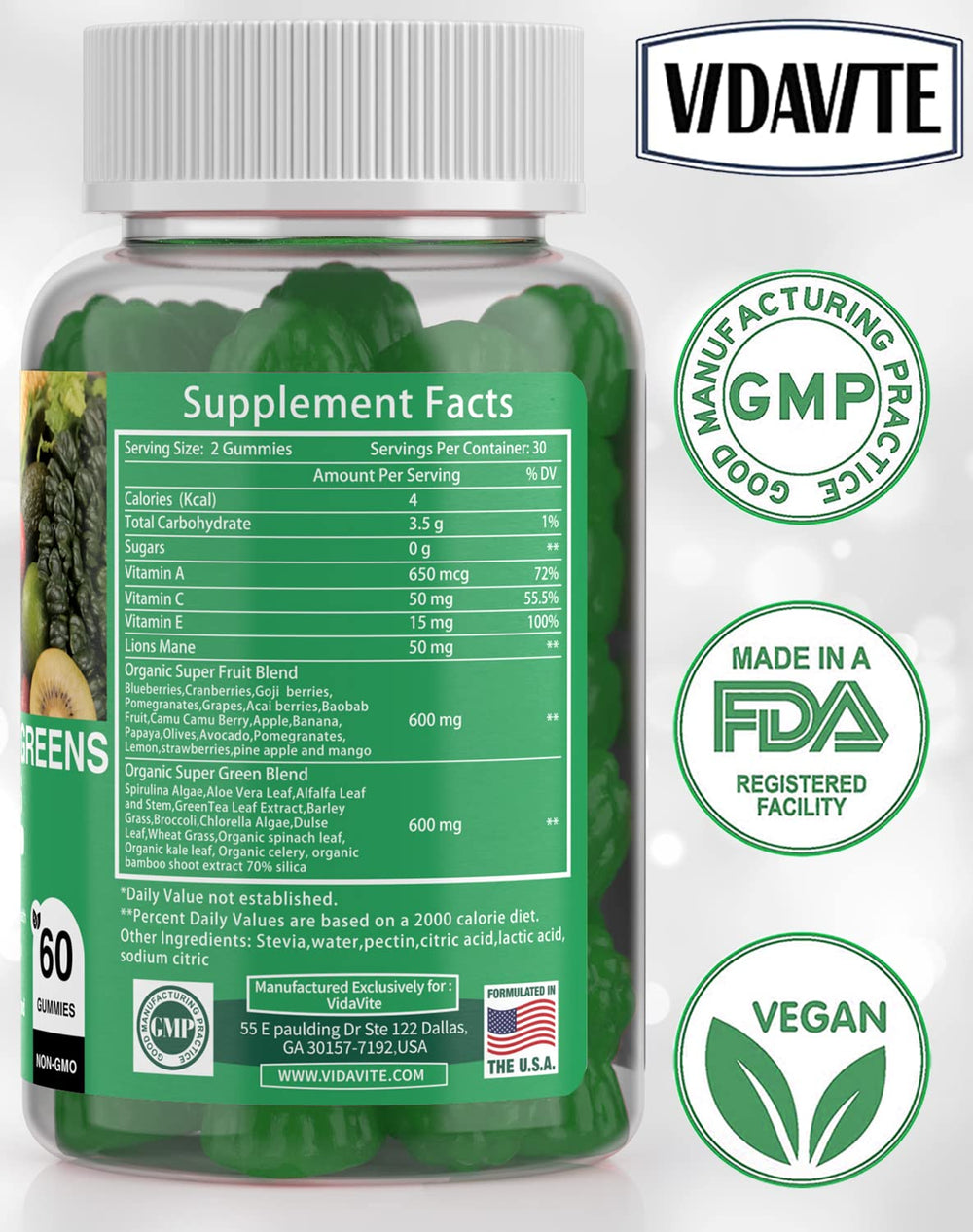 Brightly colored VIDAVITE gummies convey energy and resilience benefits.