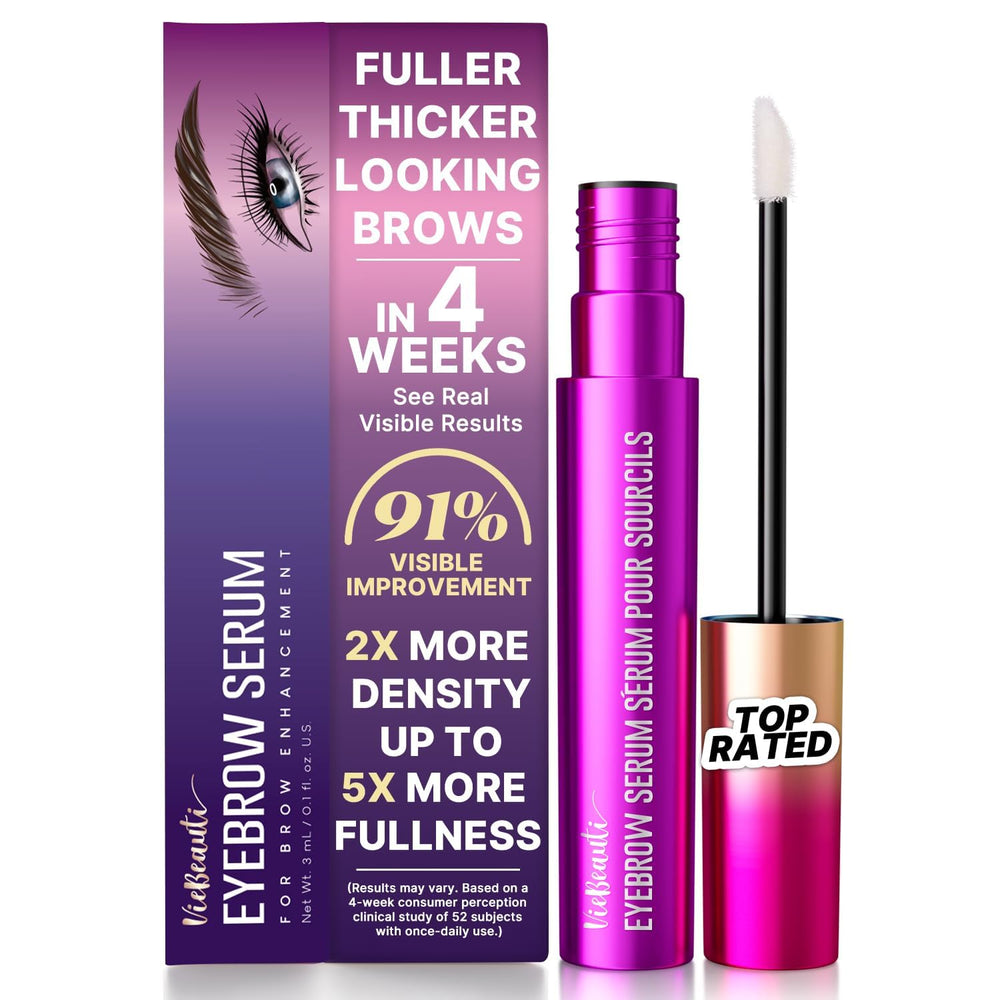 VieBeauti Eyebrow Growth Serum bottle close-up showing premium formula for fuller brows.