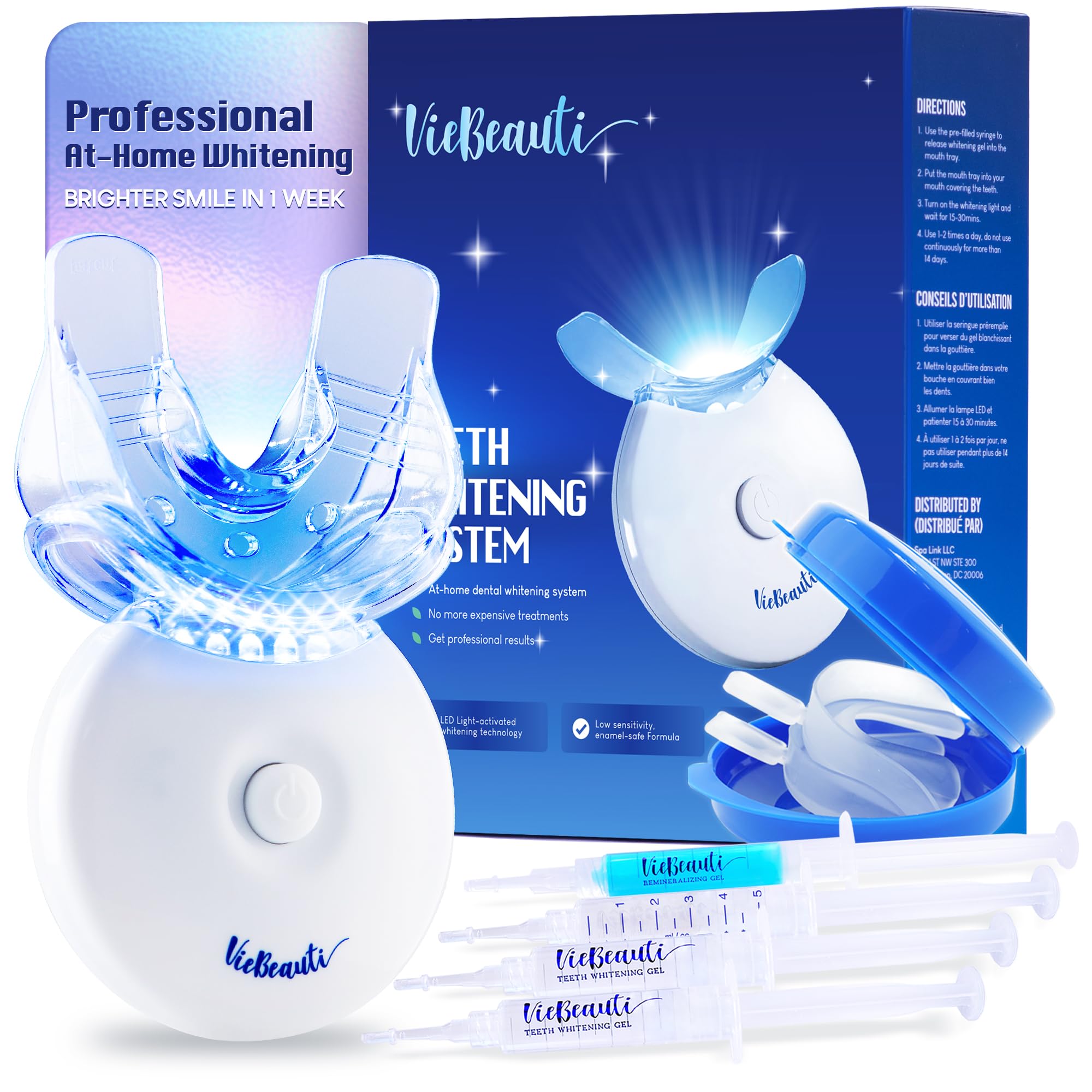 VieBeauti teeth whitening kit with LED light for fast activation and brighter smile