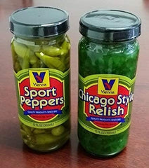 Vienna Beef Chicago style relish jar closeup showing bright green relish ideal for hot dogs