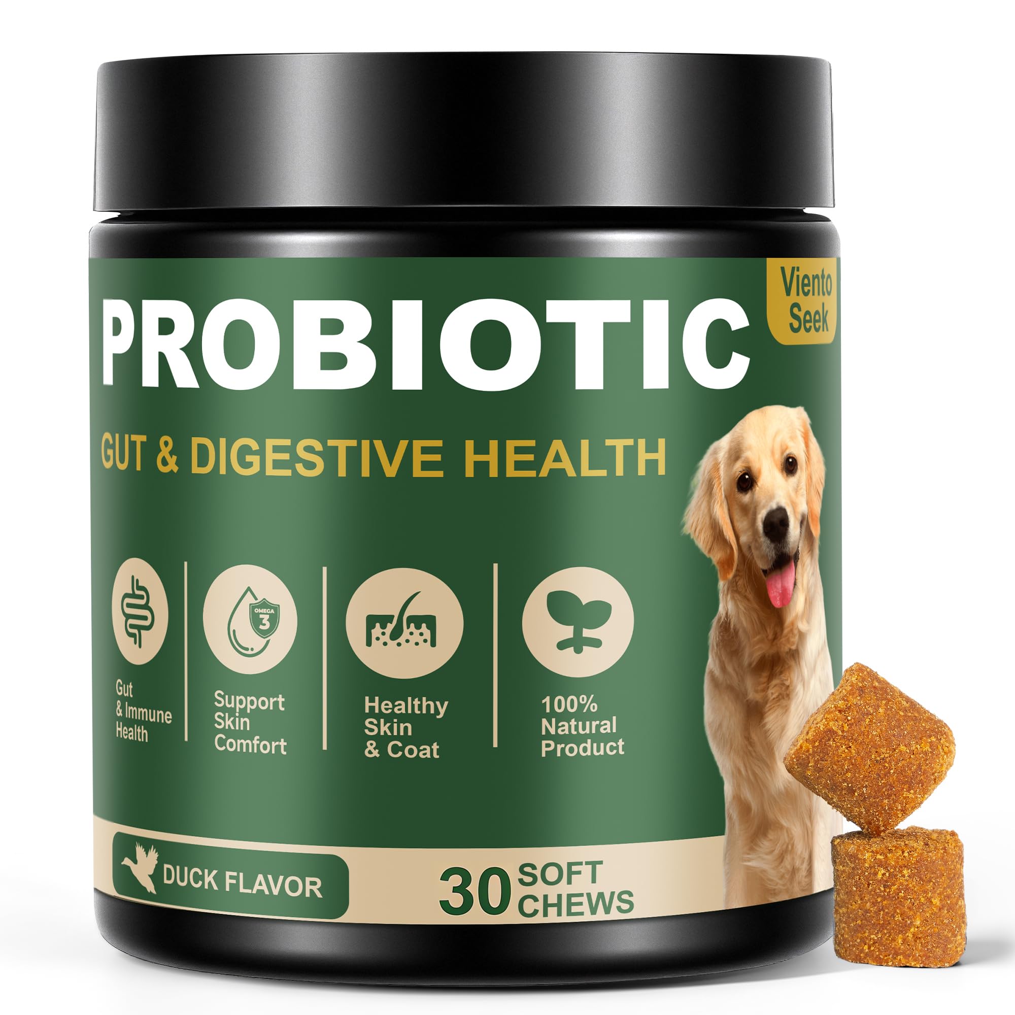 VientoSeek dog probiotics duck flavor bottle supports balanced digestion and immune health.