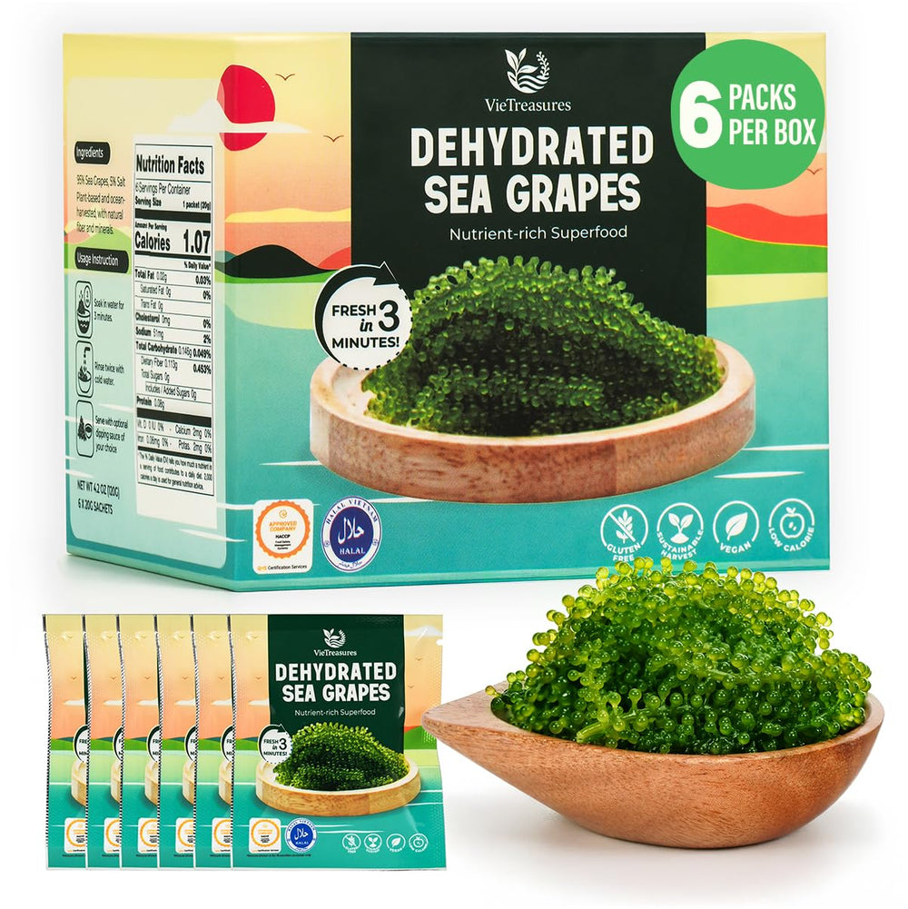 VieTreasures Dehydrated Sea Grapes packaging in a 6-pack for easy snacking
