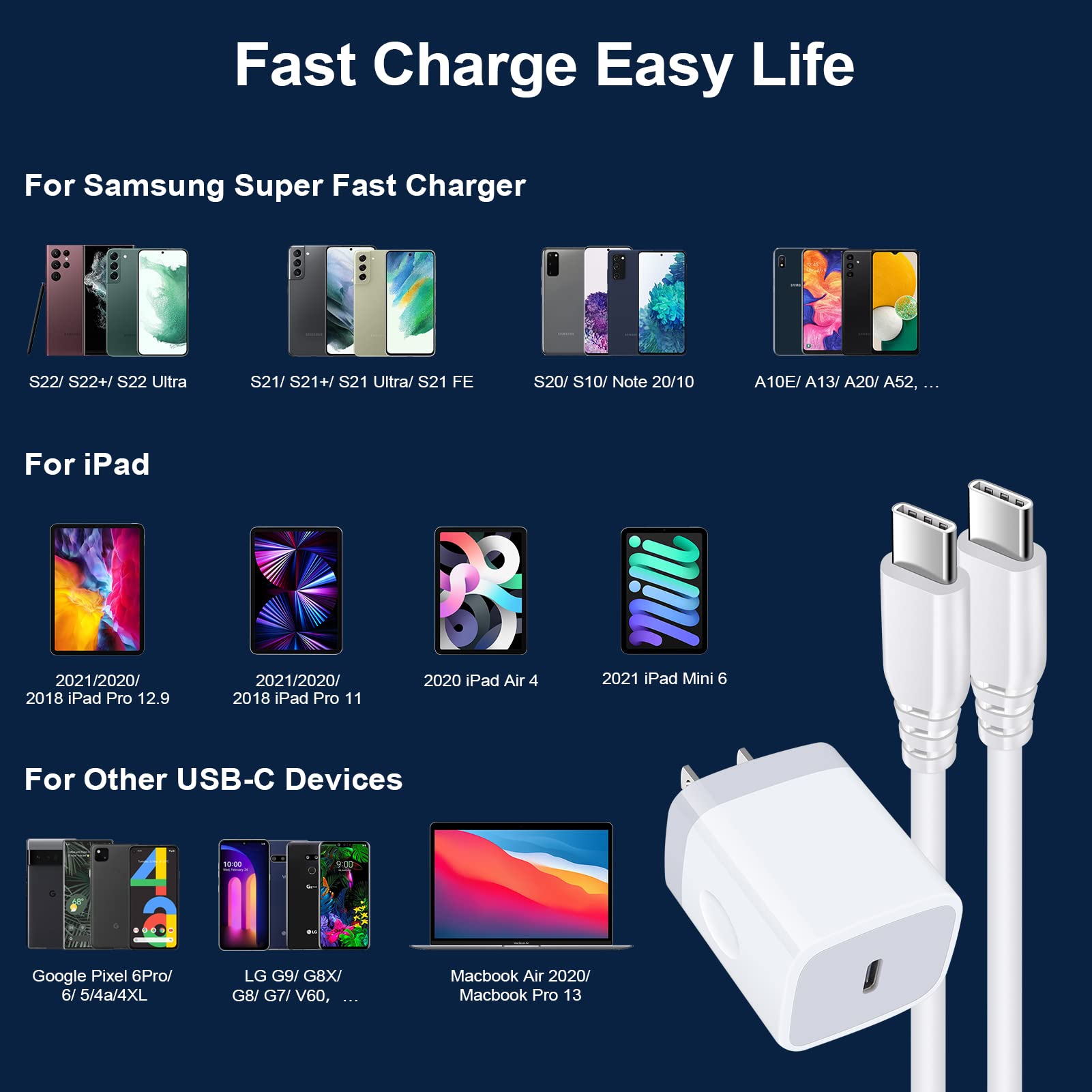 VIFIGEN 6ft Type-C to Type-C cable for stable data sync and power.