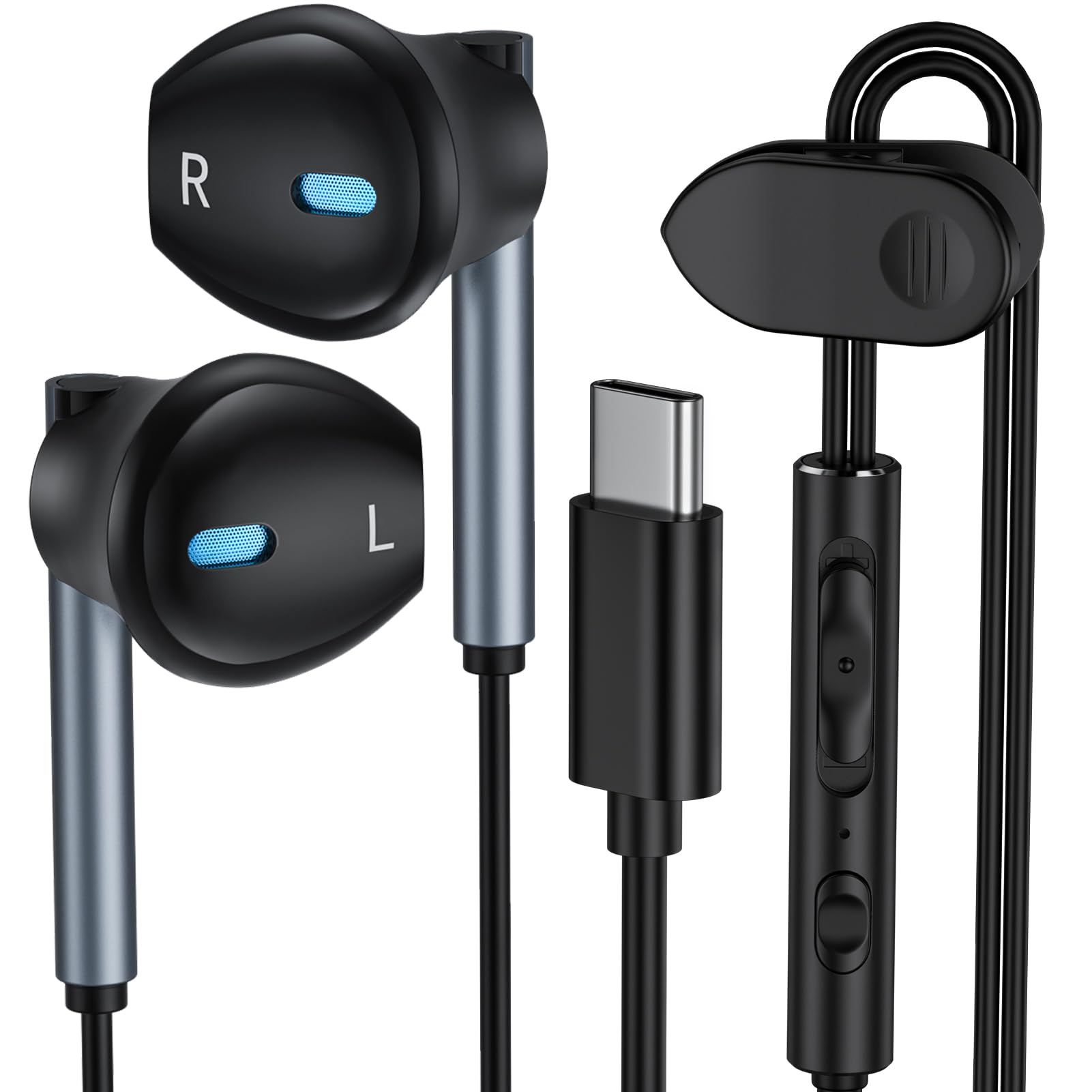 VIFIGEN USB-C wired earbuds in compact black design for portable listening.
