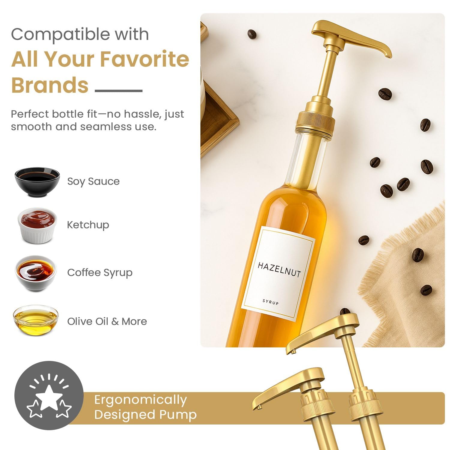 VIGOR PATH 2-Pack Gold Syrup Pumps pouring action shows controlled flow