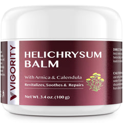 Vigority Helichrysum Balm jar closeup with whipped texture for gentle application.