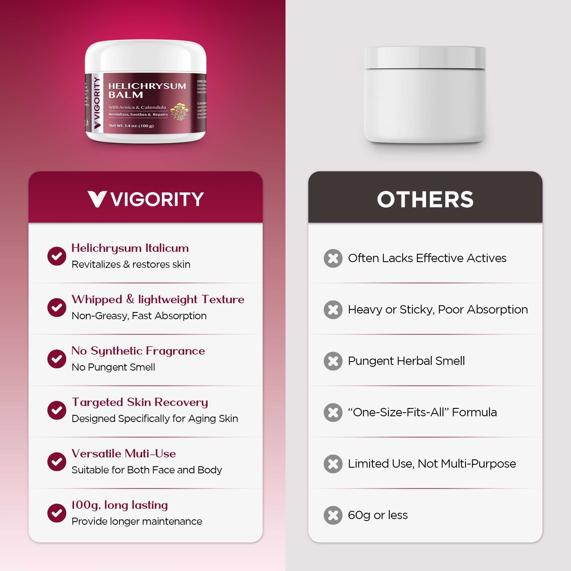Vigority Helichrysum Balm contains panthenol and centella for gentle nourishment.