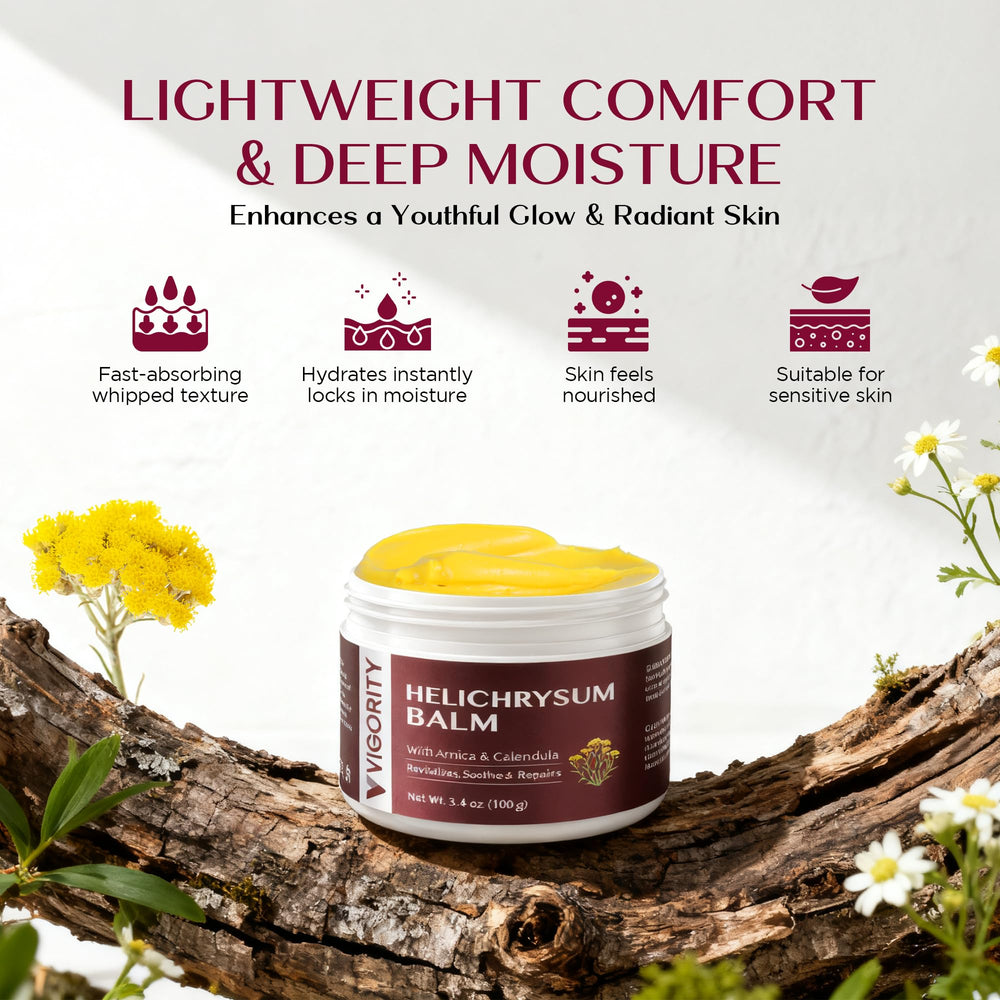 Vigority Helichrysum Balm enriched with squalane for smooth absorption.