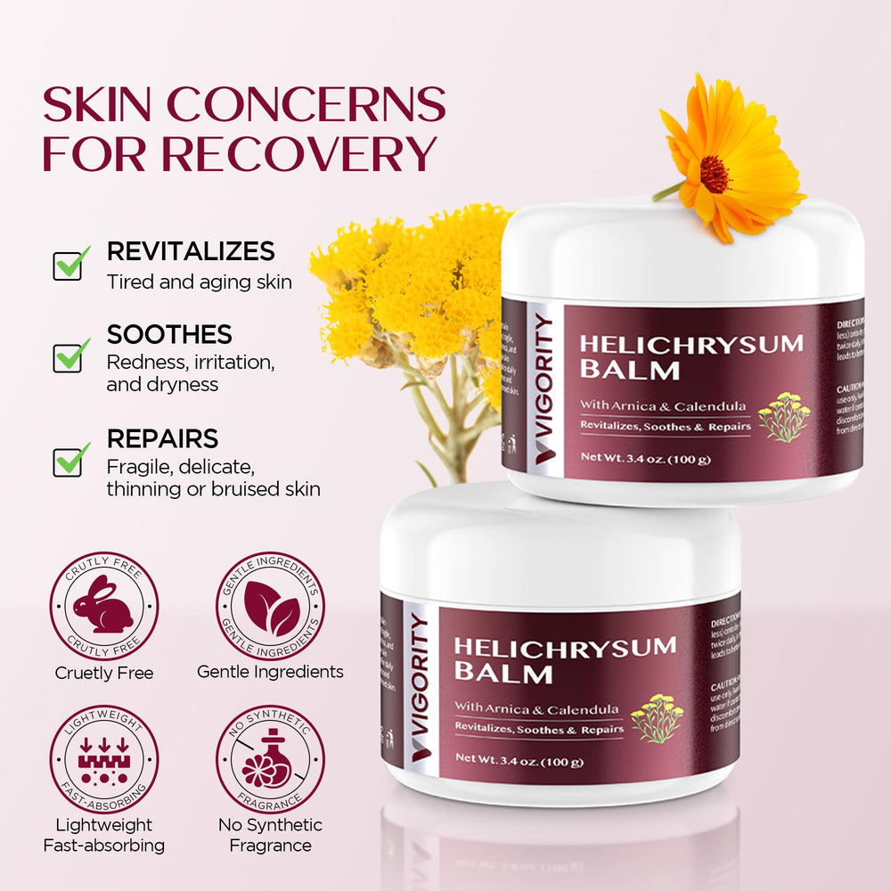 Vigority Helichrysum Balm whipped texture ready for gentle, non-greasy absorption.