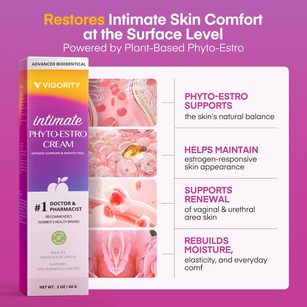 Vigority Intimate Phyto-Estro Cream demonstrates a gentle botanical formula for skin soothing.