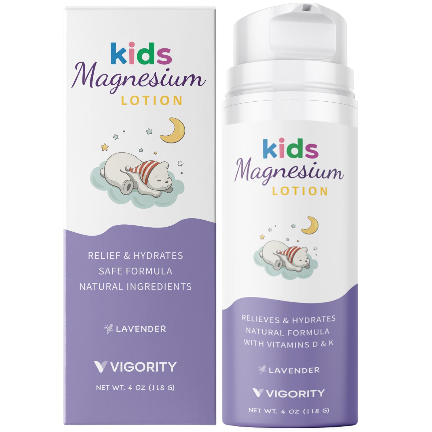 Vigority Magnesium Lotion for Kids bottle pour ready for bedtime calm