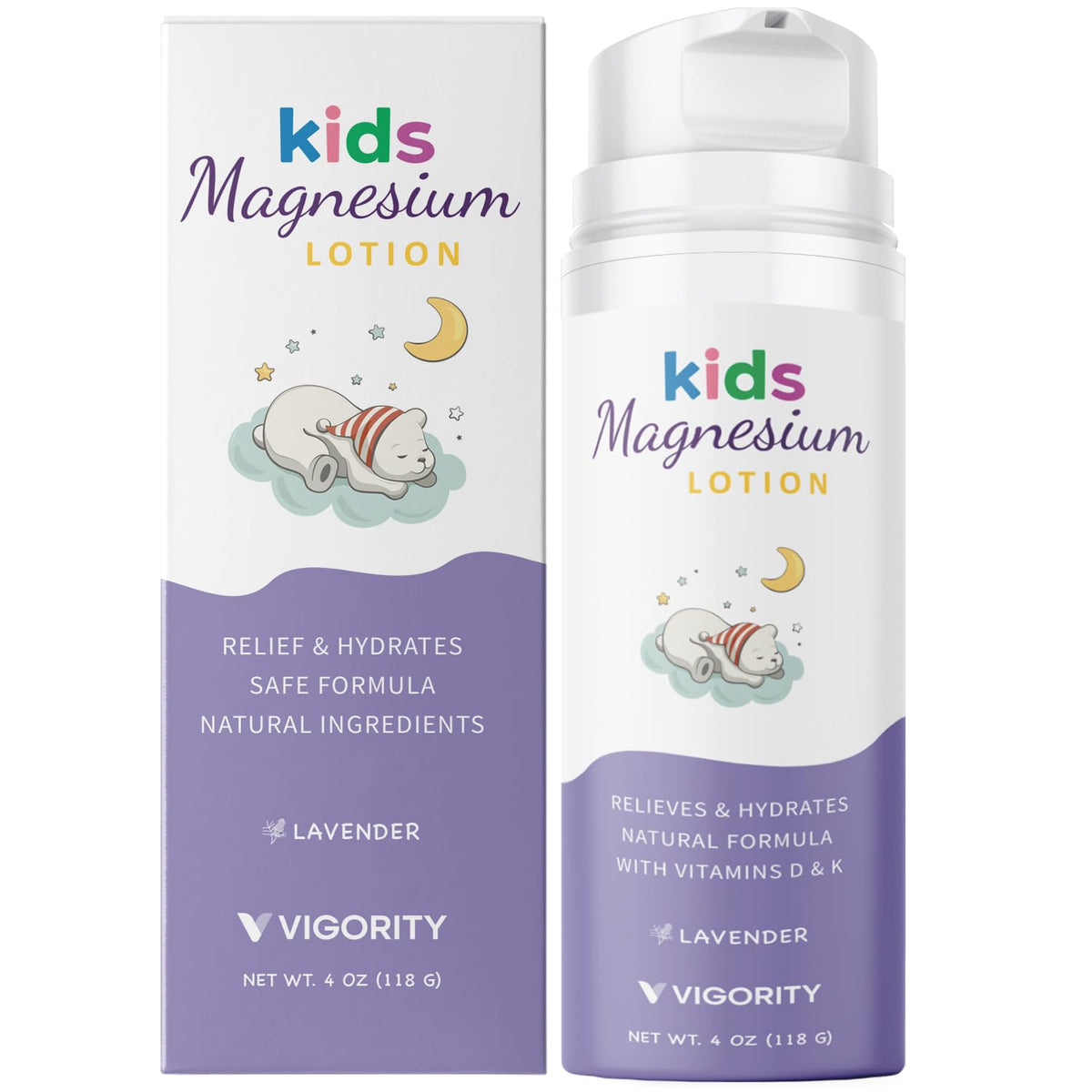 Vigority Magnesium Lotion for Kids bottle pour ready for bedtime calm