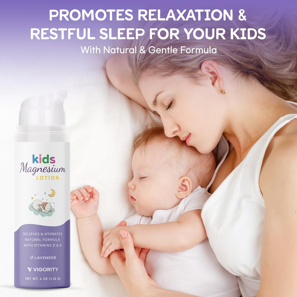 Vigority Magnesium Lotion applied for baby massage to relax muscles before sleep