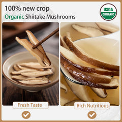 VIGOROUS MOUNTAINS organic dried shiitake slices ideal for pantry storage.