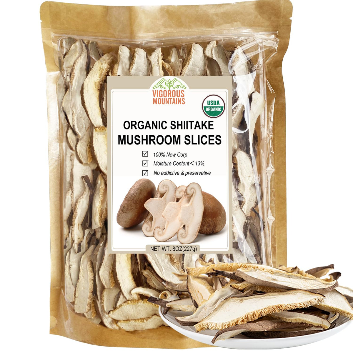VIGOROUS MOUNTAINS organic shiitake sliced packaging shows fresh, all-natural ingredients ready for easy meals.