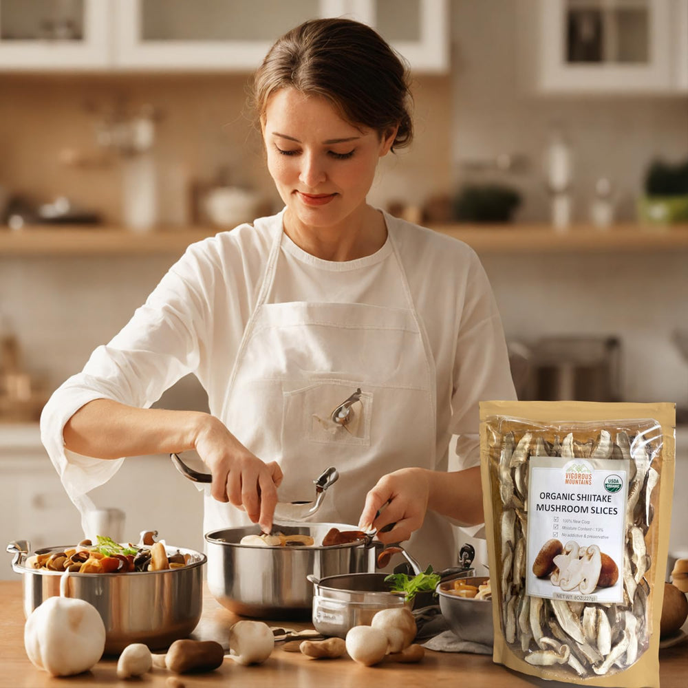 VIGOROUS MOUNTAINS shiitake soup and pasta enhancer adds depth to meals.