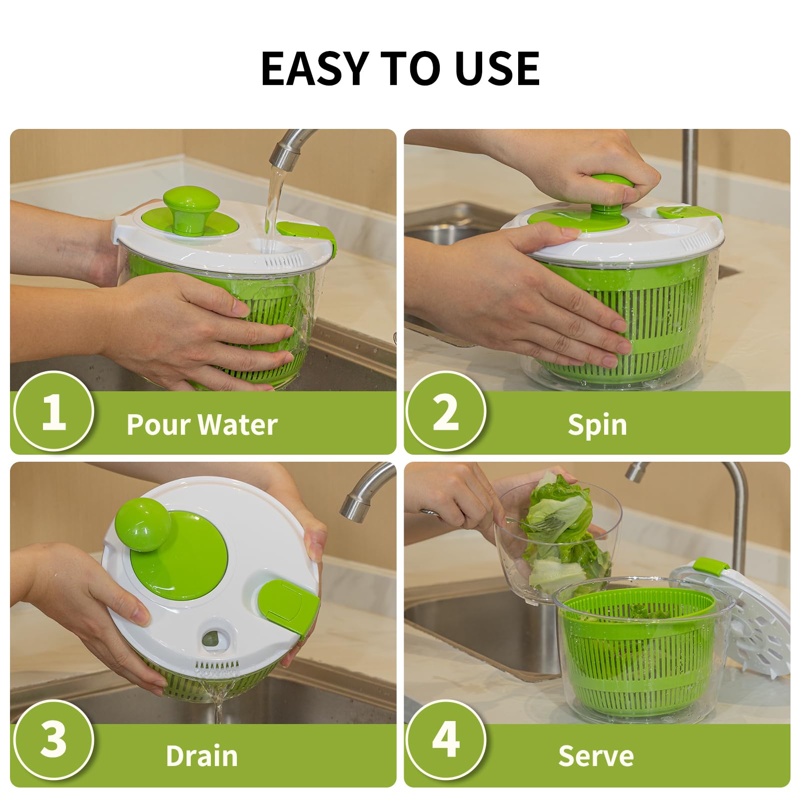 Vihoom salad spinner sits on the counter for fast, easy prep.