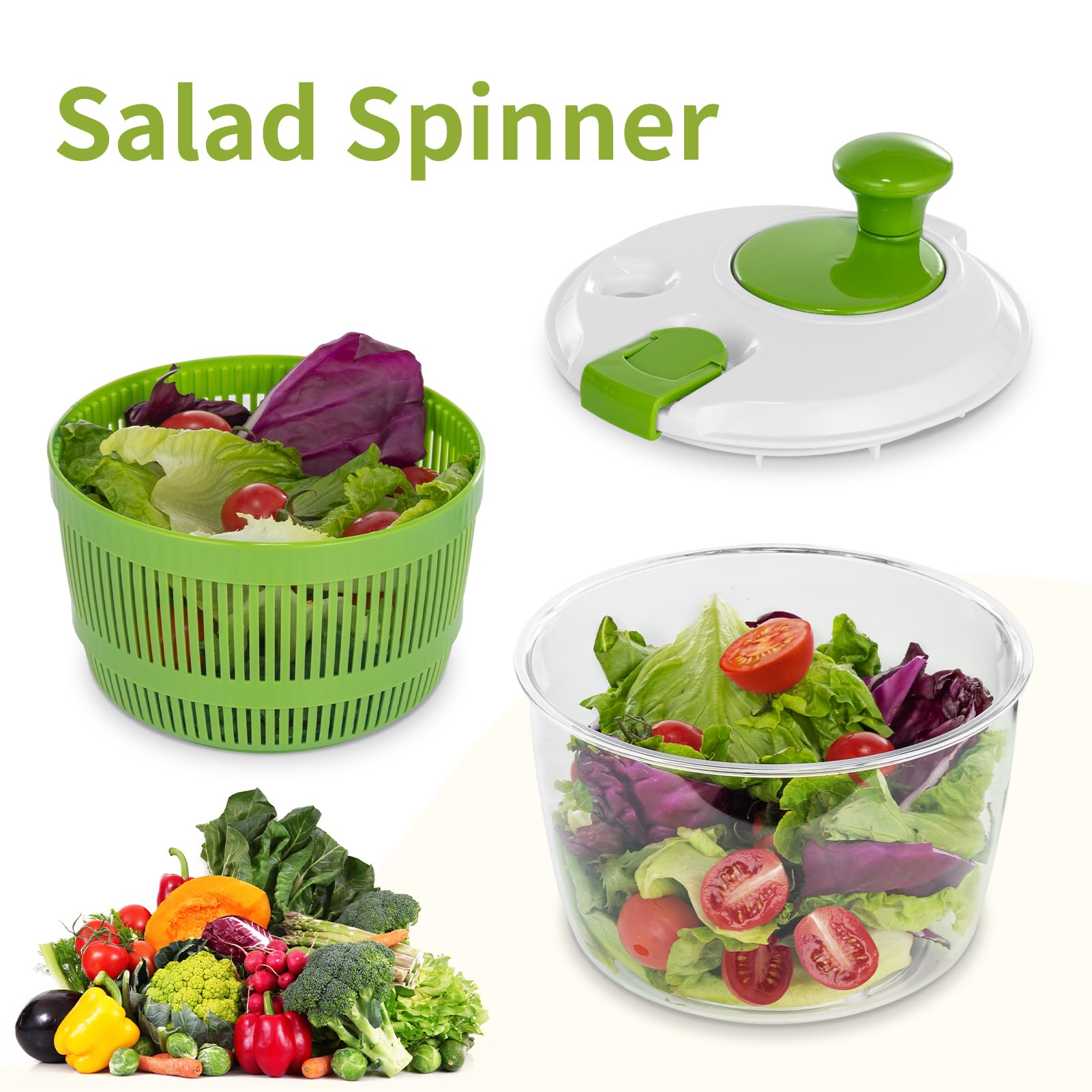 Vihoom salad spinner lid locks securely for stable spins.