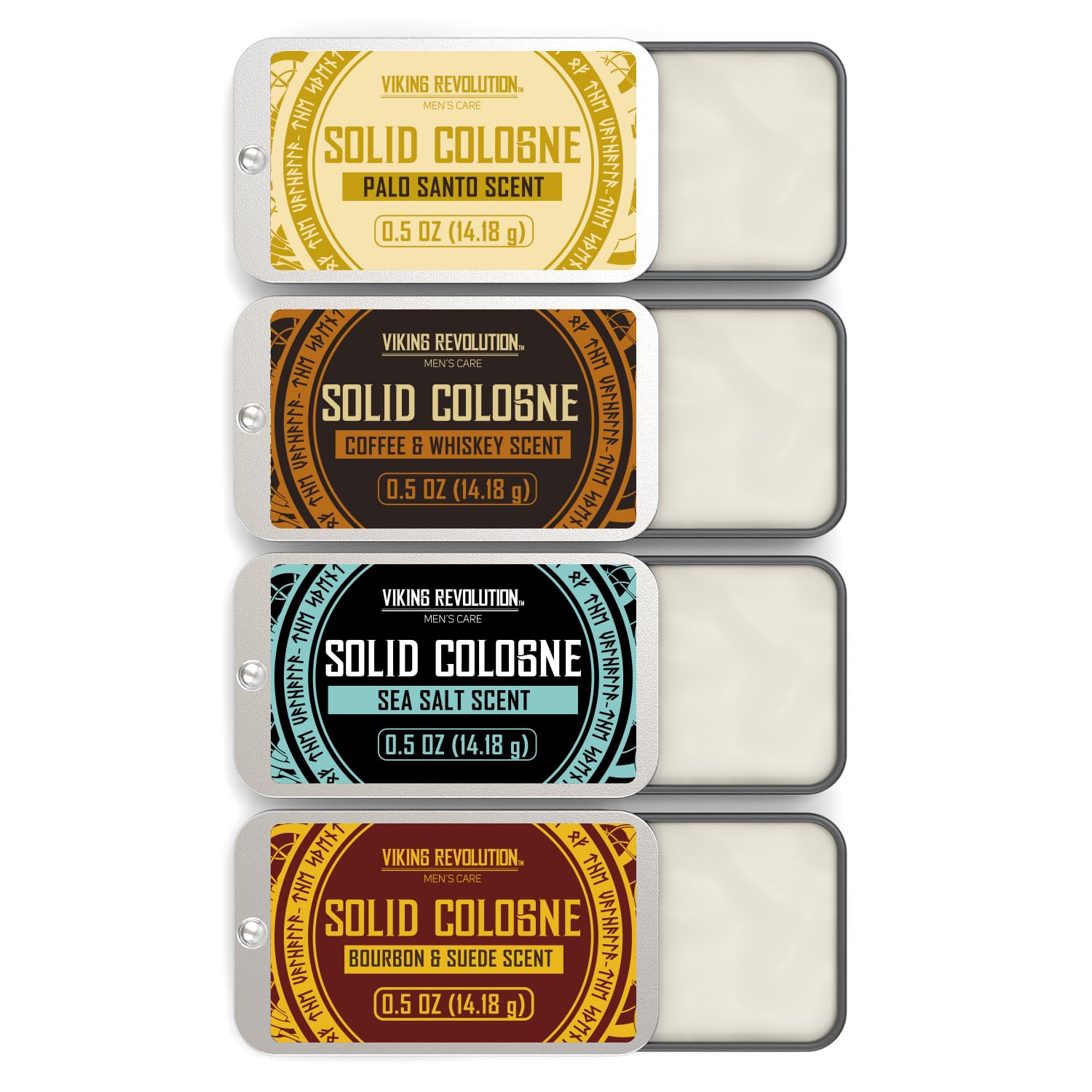 Viking Revolution solid cologne gift set with four scent tins.
