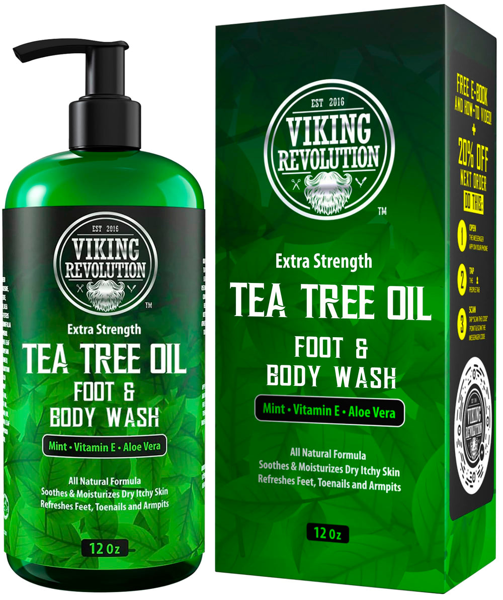Viking Revolution Tea Tree Body Wash bottle highlights refreshing cleanse and odor protection.