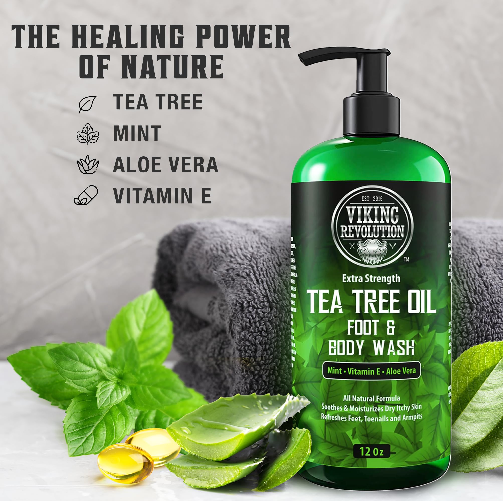 Viking Revolution Tea Tree Body Wash closeup-tea tree oil emphasizes natural ingredients.
