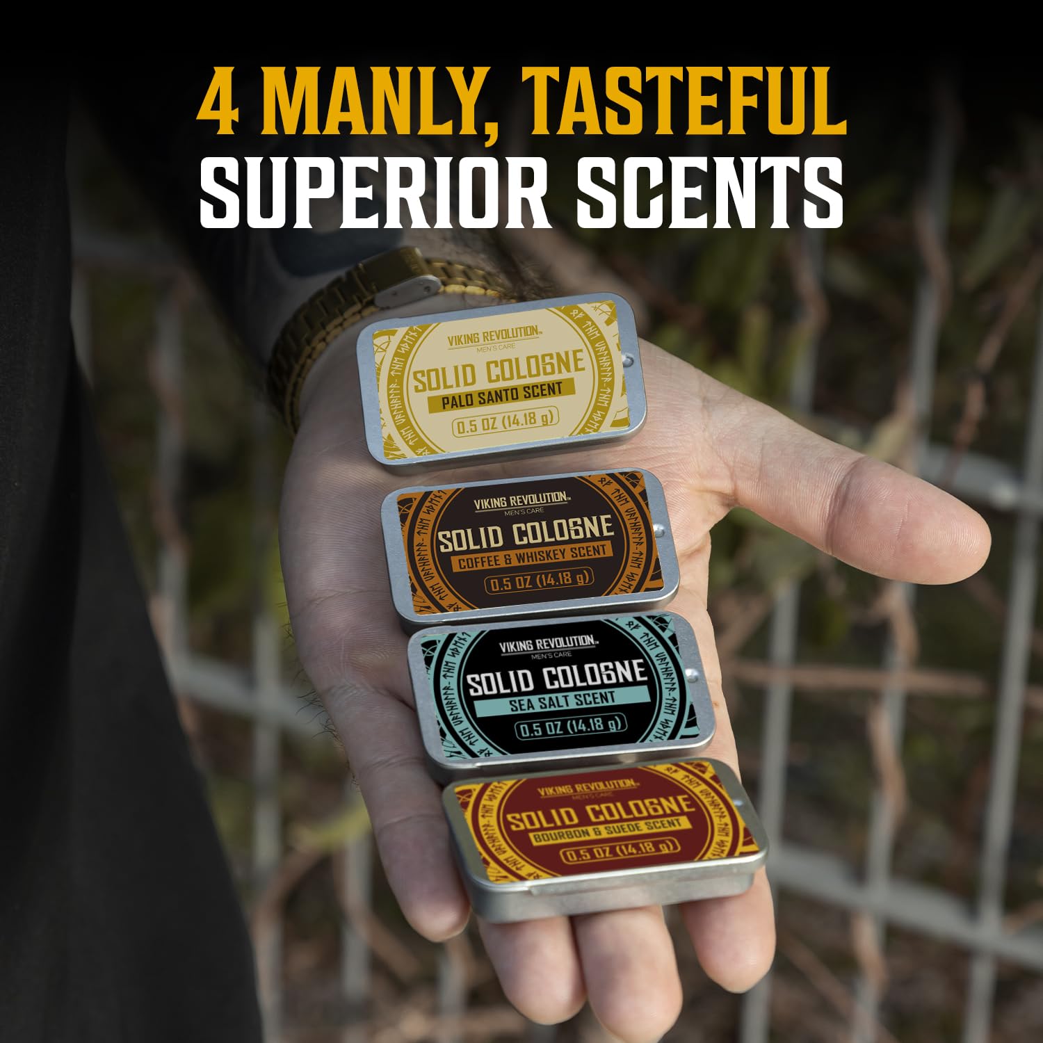 Viking Revolution travel-size tins are pocket-friendly and spill-proof for on-the-go use.