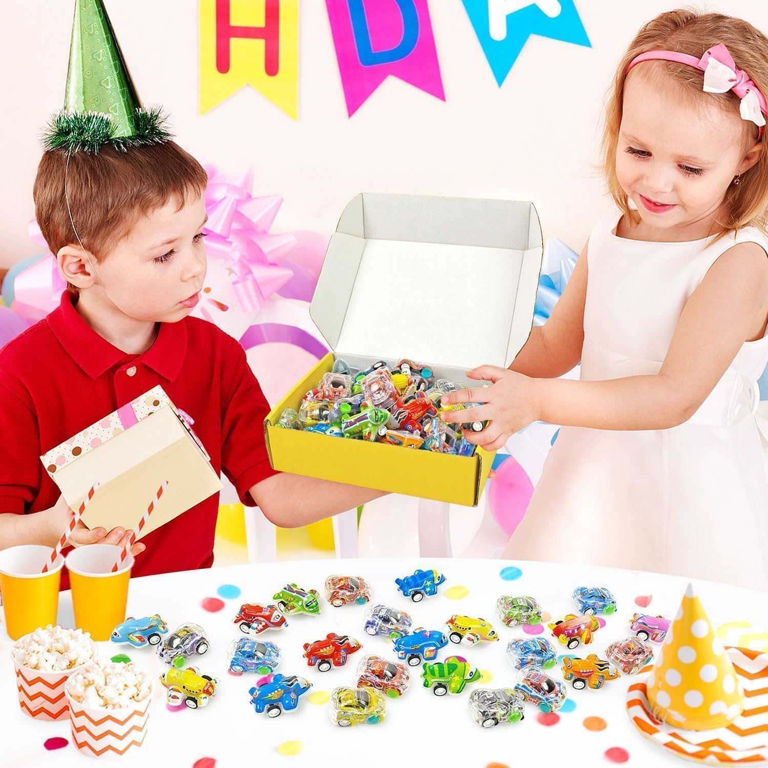 Vileafy transport-themed decor and toys boost party atmosphere.
