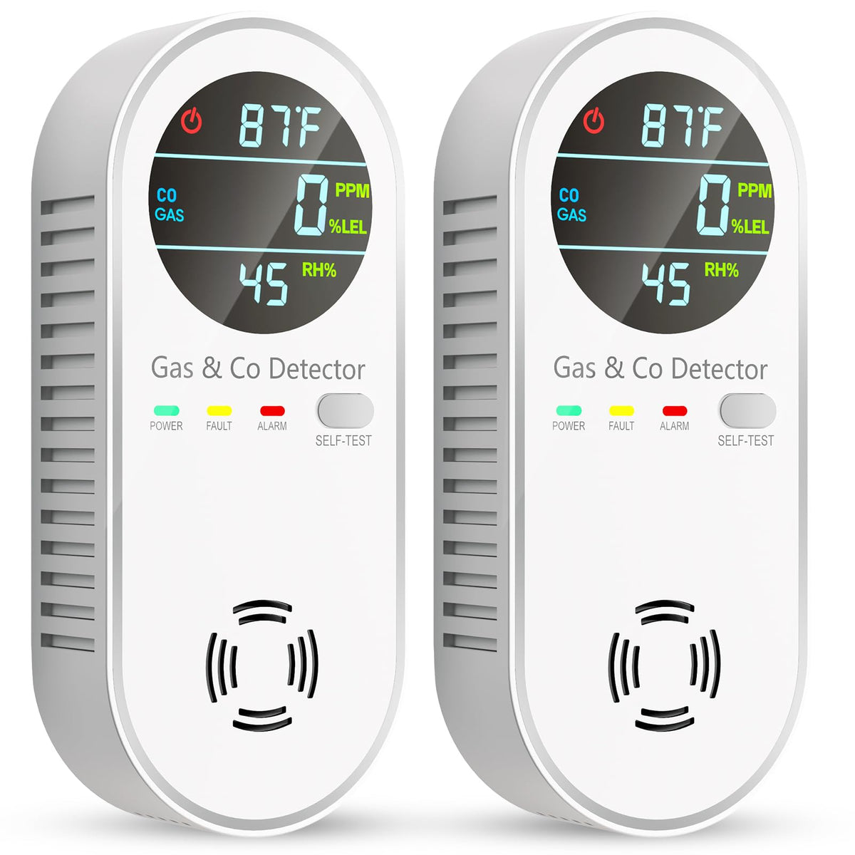 Vilfet 4-in-1 detector front display shows CO, gas, temp, and humidity at a glance