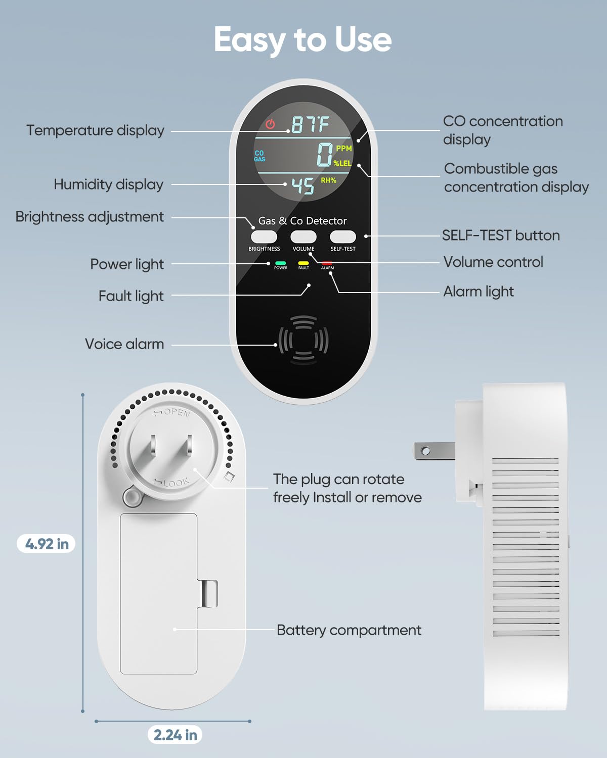 Vilfet CO detector battery backup compartment for power outages