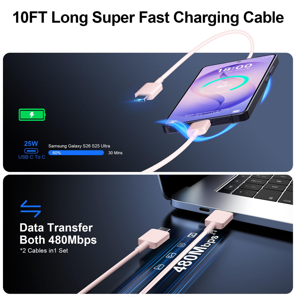 Vilive 10ft USB-C cable—extended reach for travel and bed-side charging