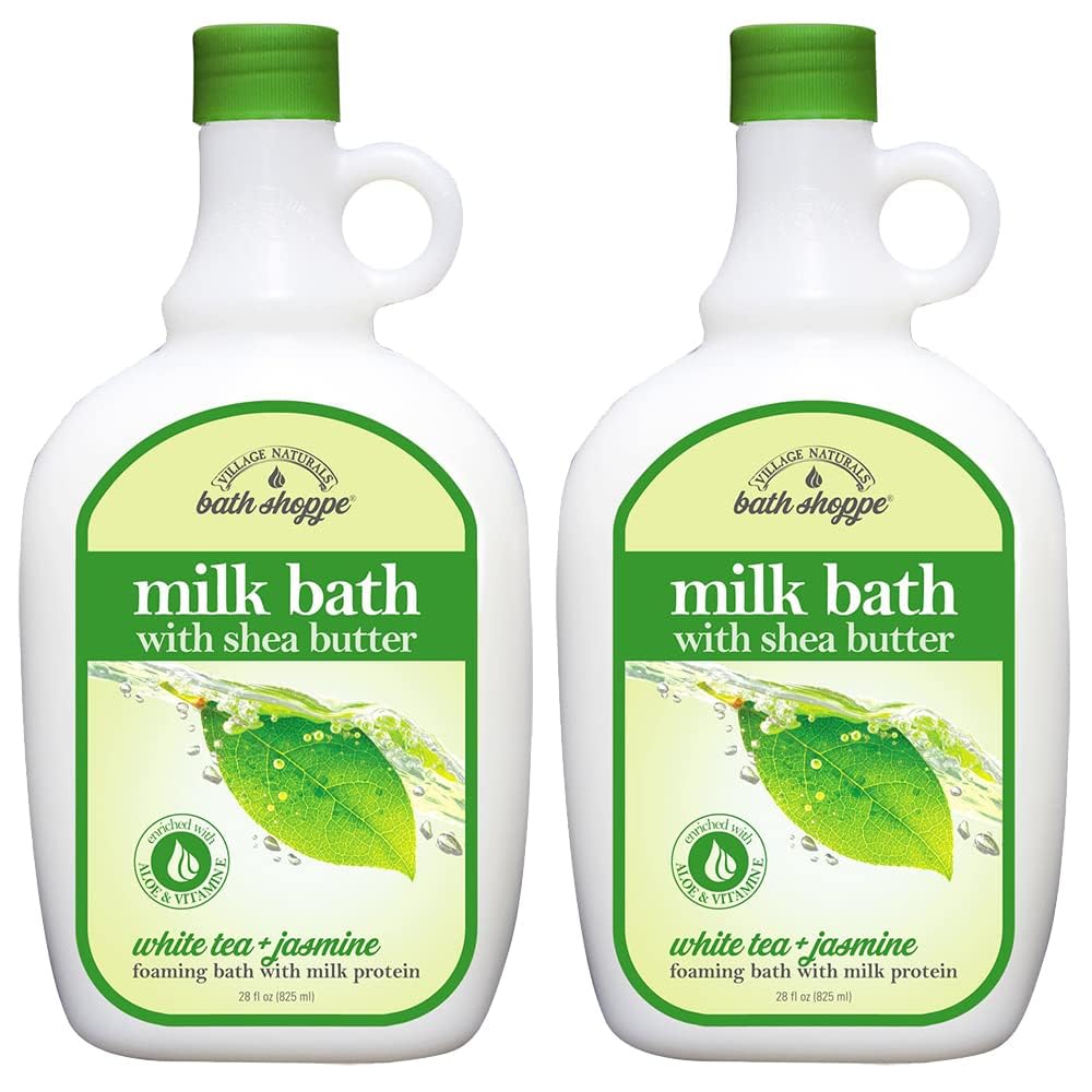 Village Naturals Bath Shoppe White Tea Jasmine milk bath bubbles for a calming soak.